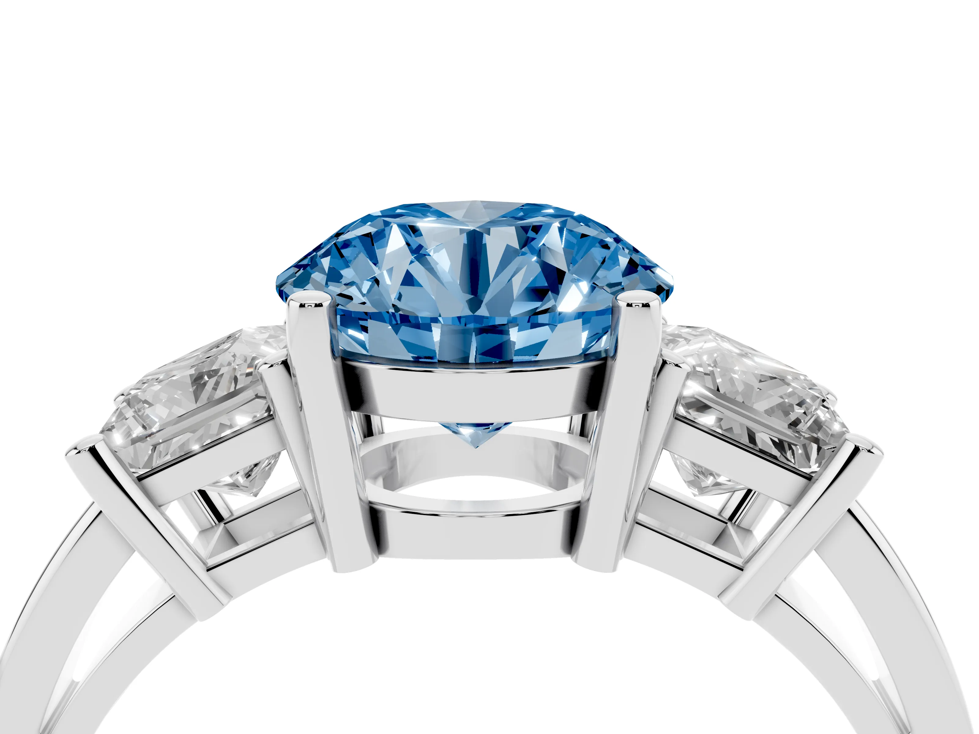 Fancy Blue Three-Stone Round Cut Diamond Solitaire Ring Set in Silver with Prong Setting