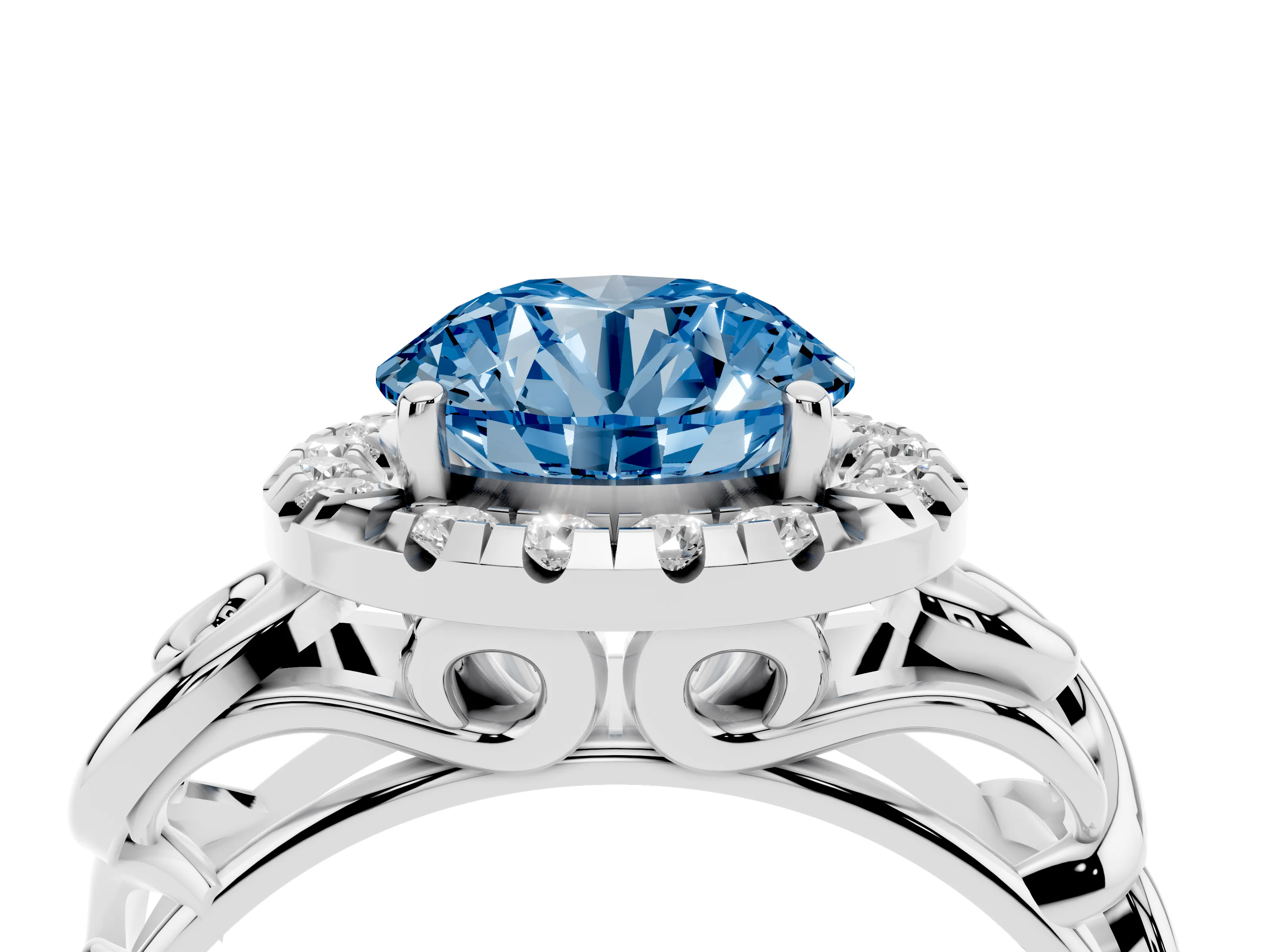 Fancy Blue Round Cut Diamond Halo Ring Set in White gold with Scrollwork Band and Prong Setting