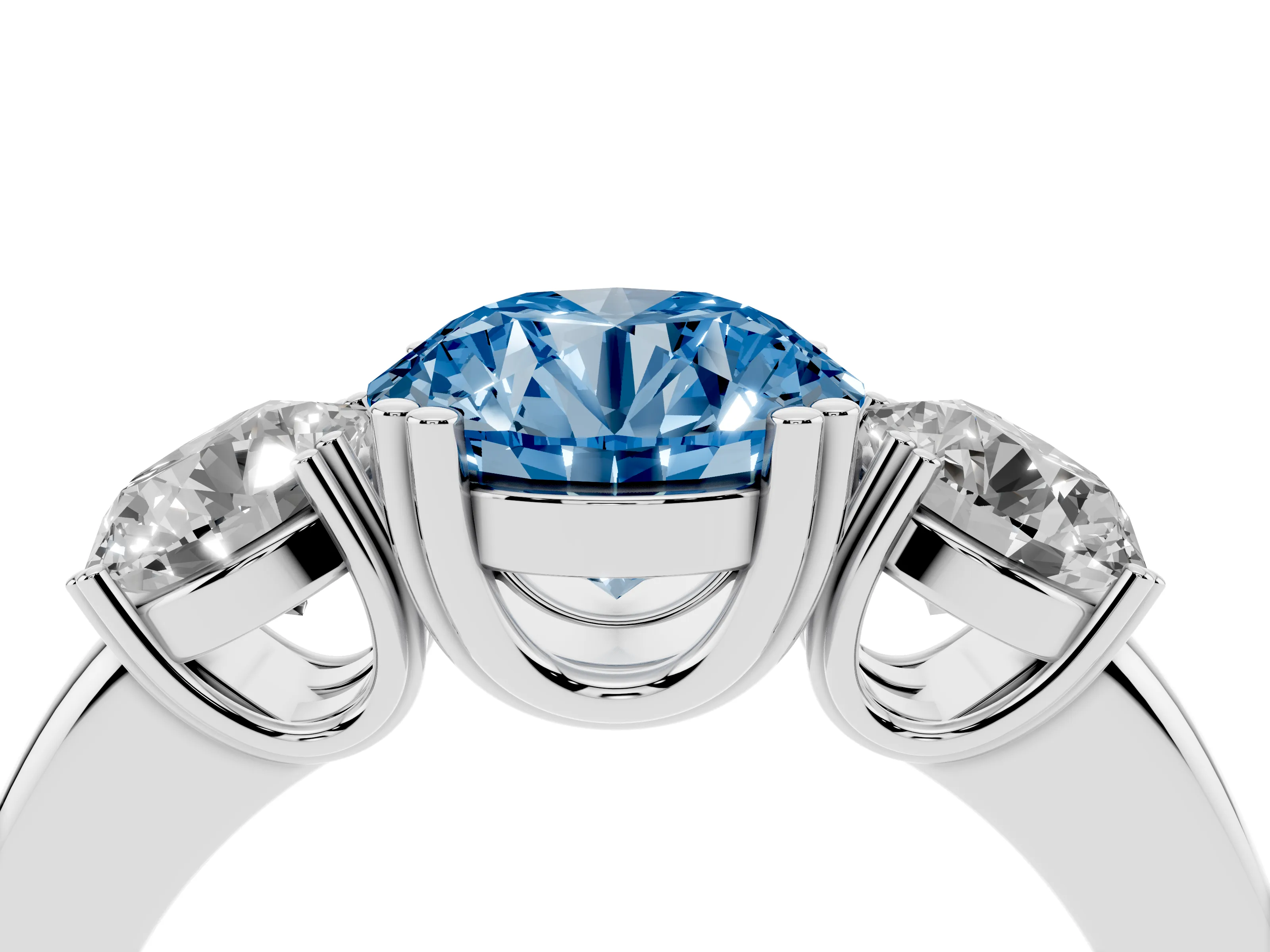 Fancy Blue Round Cut Diamond Three-Stone Ring Set in White gold with Polished Channel-Set Band