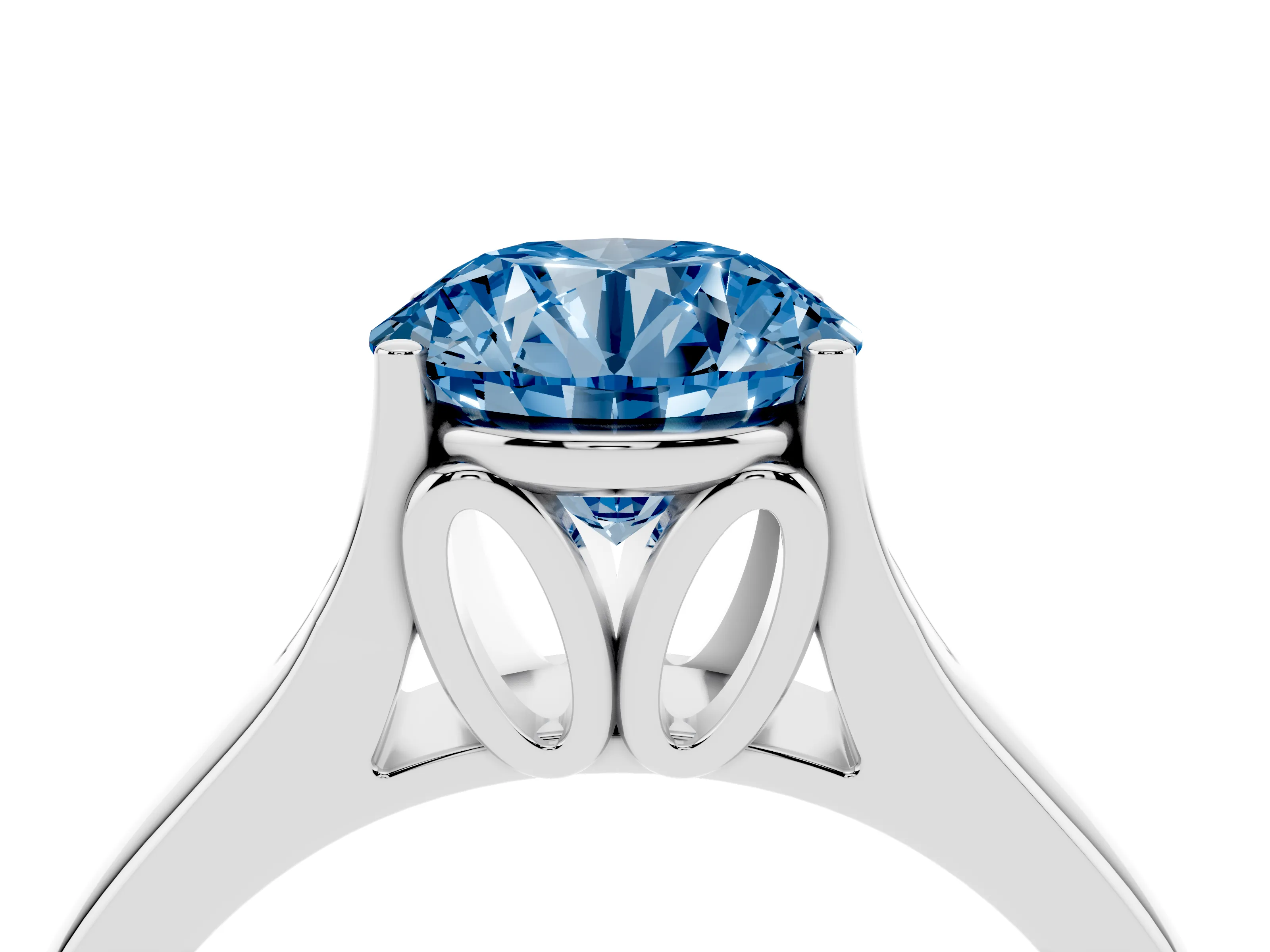 Fancy Blue Round Cut Diamond Solitaire Ring Set in White gold with Arched Cathedral Band and Prong Setting