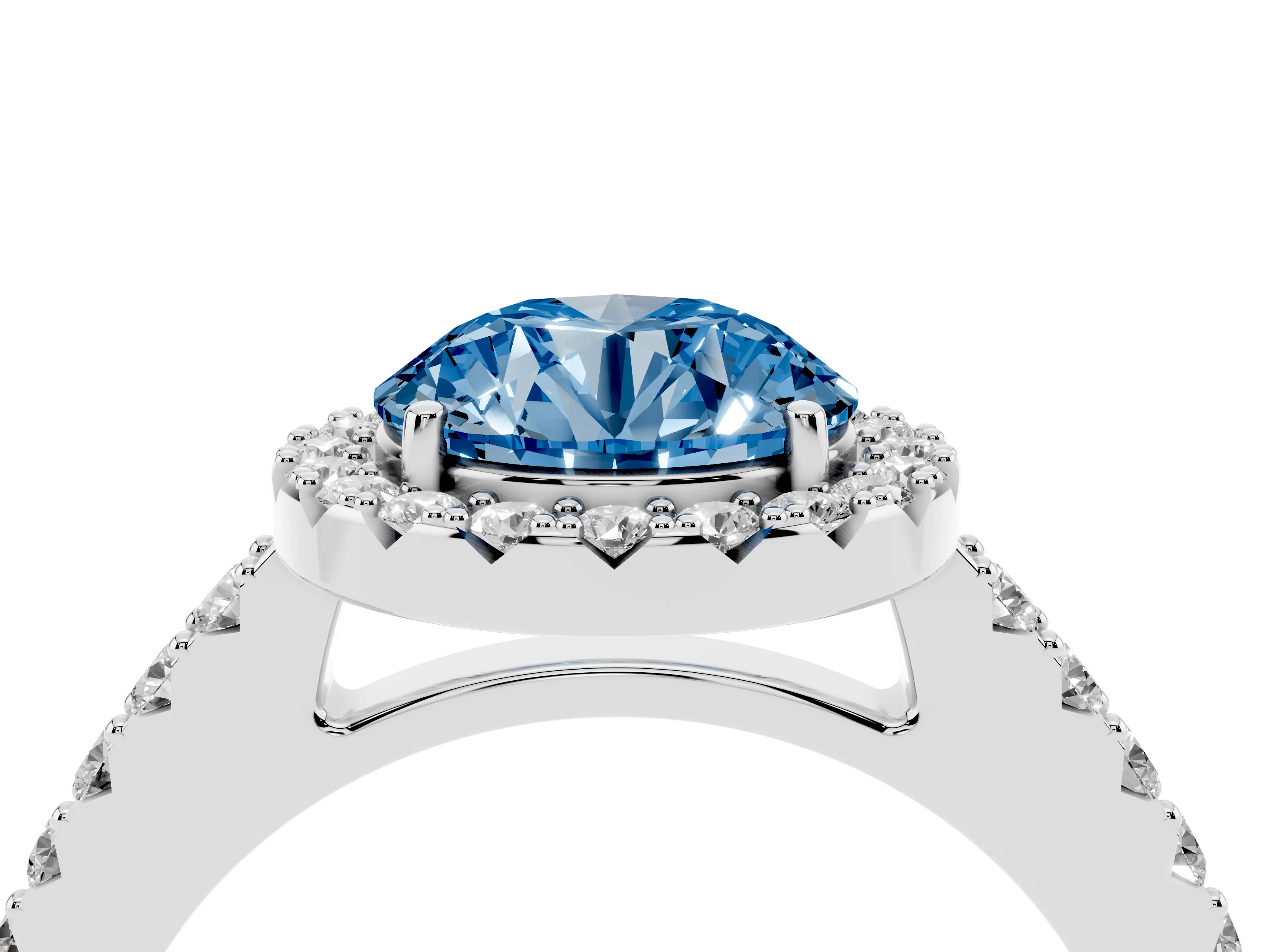 Fancy Blue Round Cut Diamond Halo Pavé Solitaire Ring Set in White gold with Prong-Set Center Stone