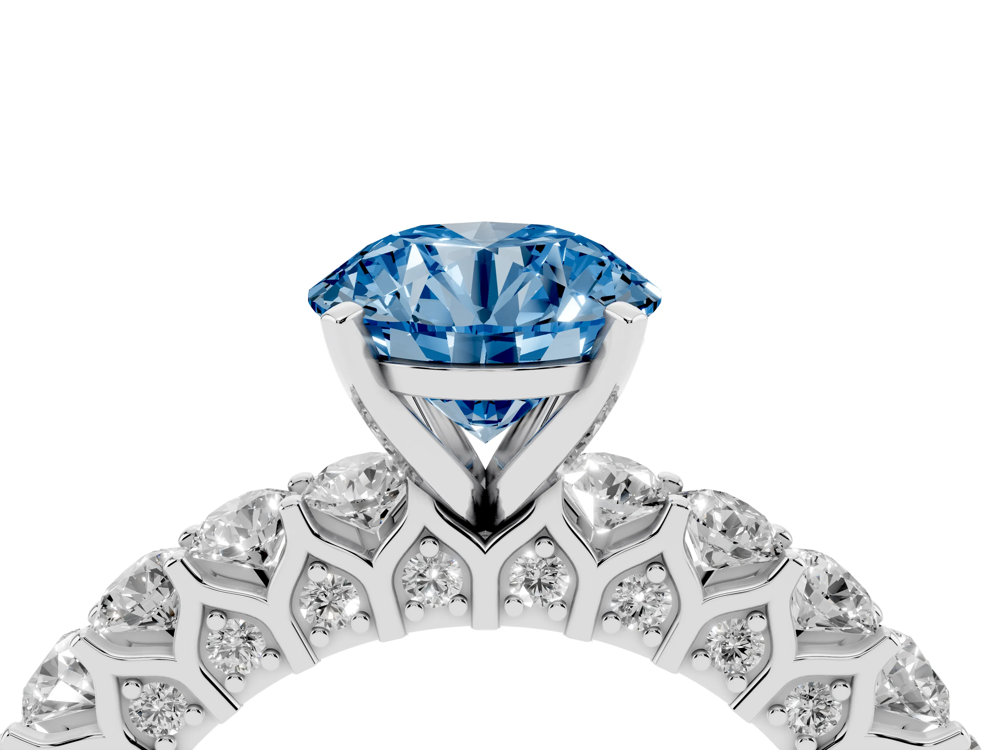 Fancy Blue Round Cut Diamond Solitaire Ring Set in Platinum with Shared Prong Pavé Band
