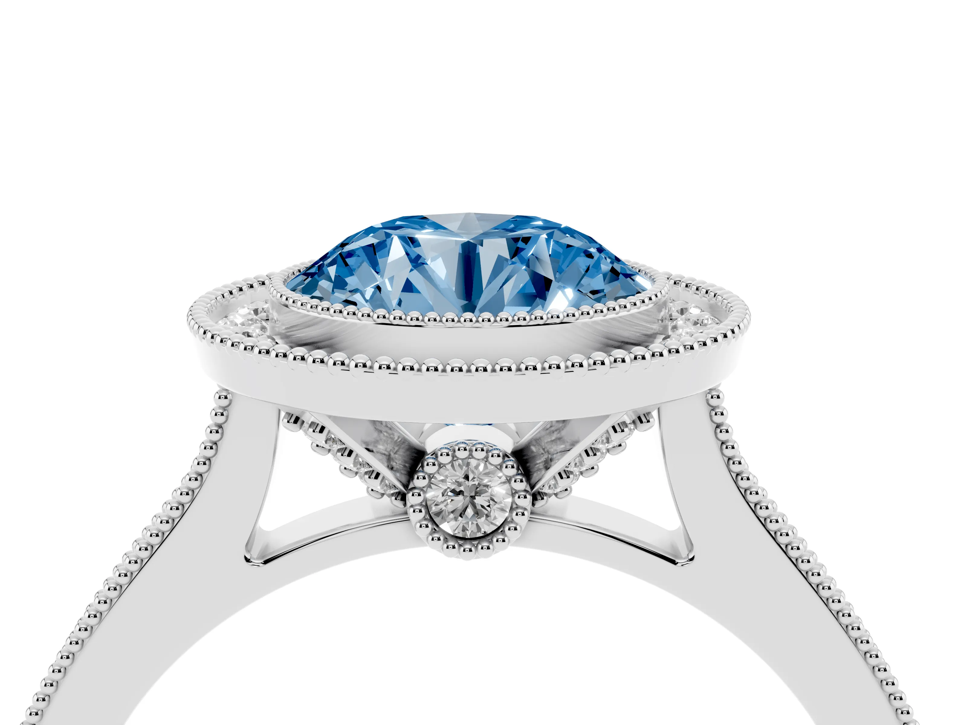 Fancy Blue Round Cut Diamond Halo Milgrain Pavé Band Ring Set in Platinum with Prong Setting