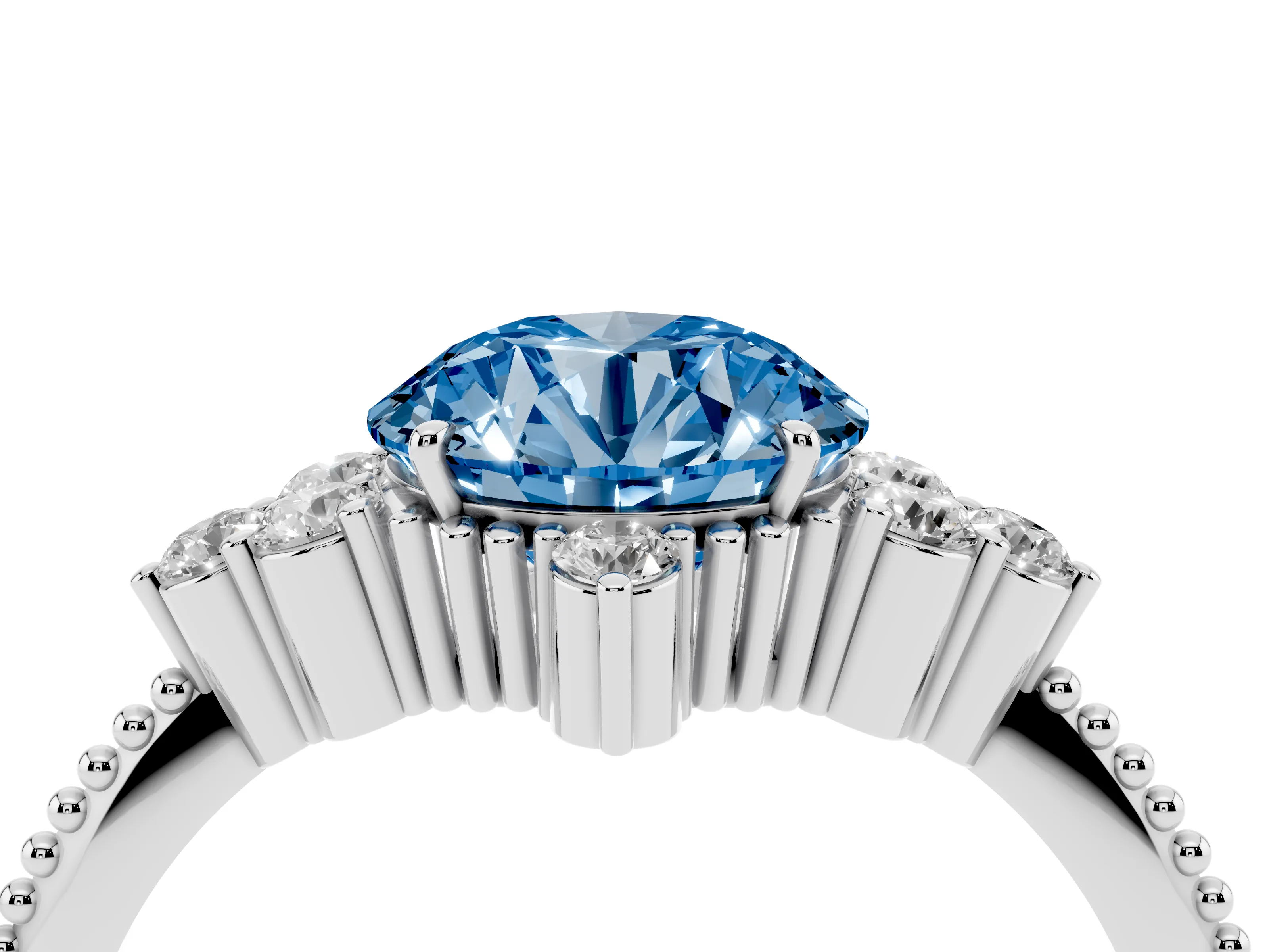 Fancy Blue Round Cut Diamond Cluster Ring Set in Silver with Beaded Band