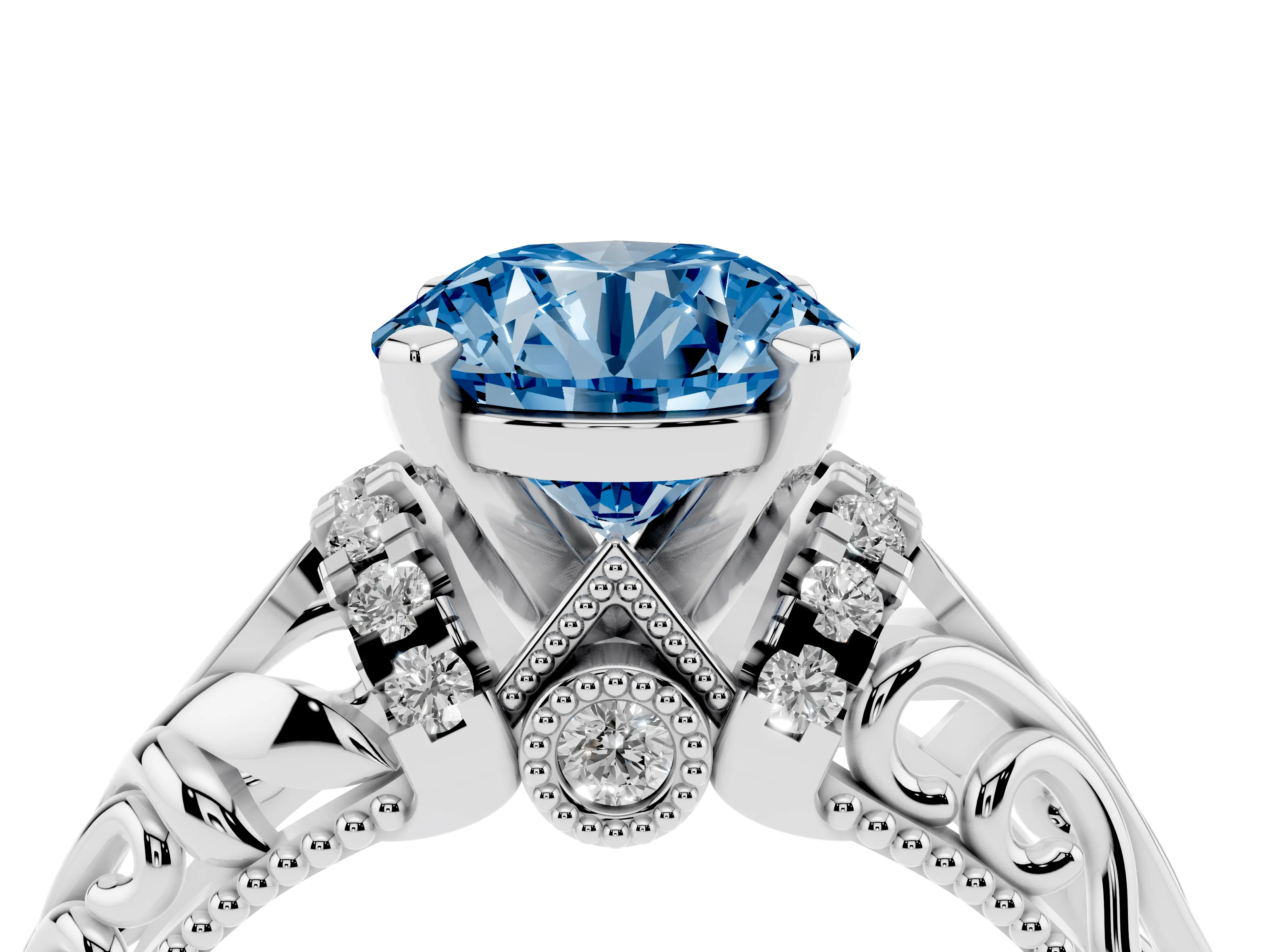 Fancy Blue Round Cut Diamond Filigree Halo Engagement Ring Set in Silver with Prong Setting