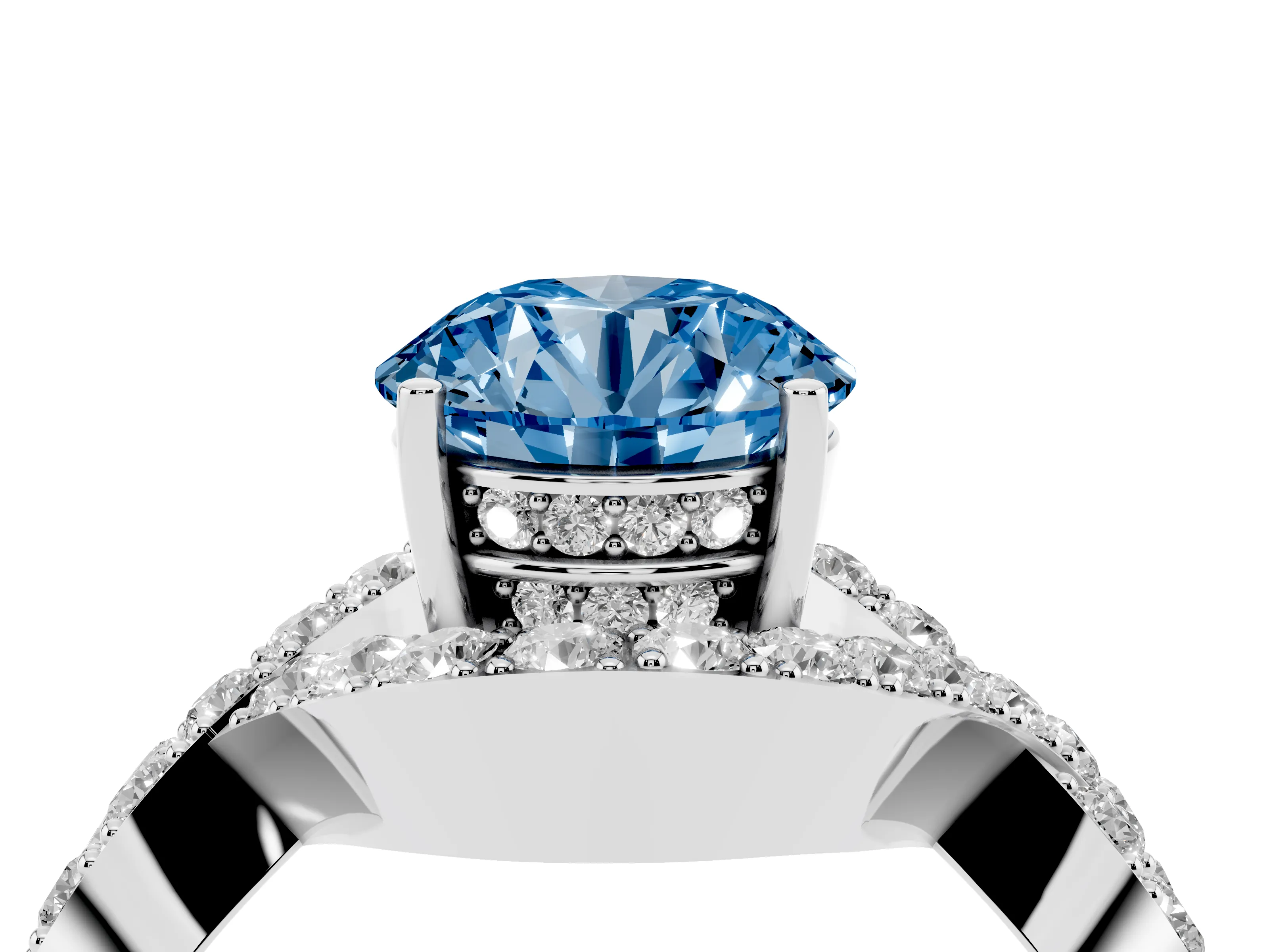 Fancy Blue Round Cut Diamond Solitaire Twist Band Pavé Engagement Ring Set in White gold