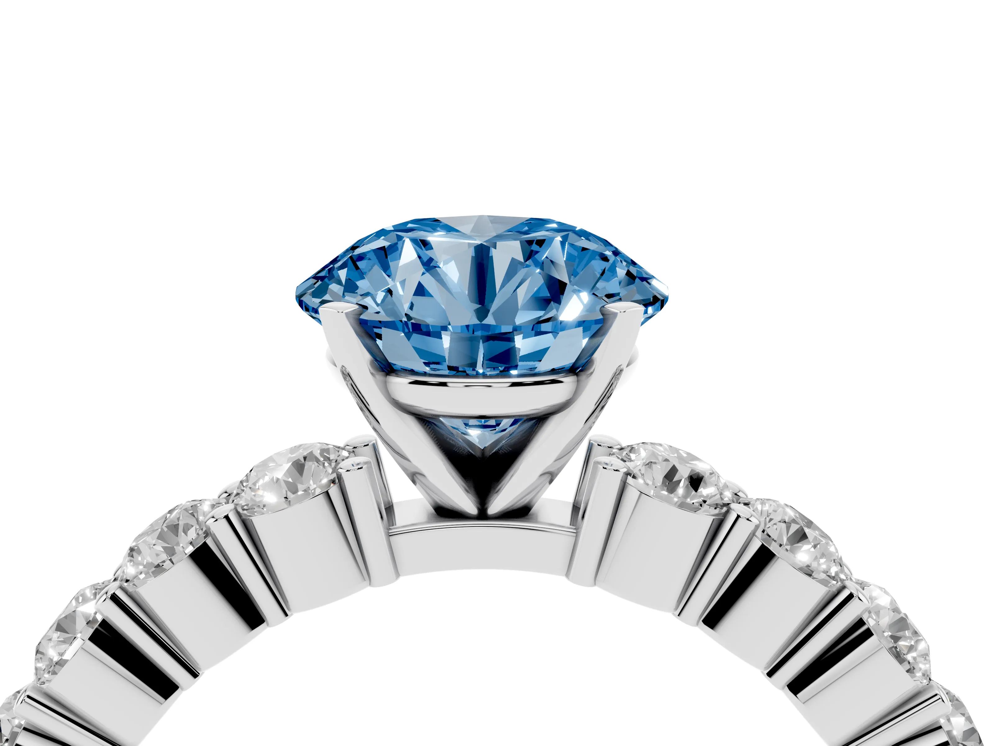 Fancy Blue Round Cut Diamond Solitaire Ring Set in Platinum with Shared Prong Round Side Stones