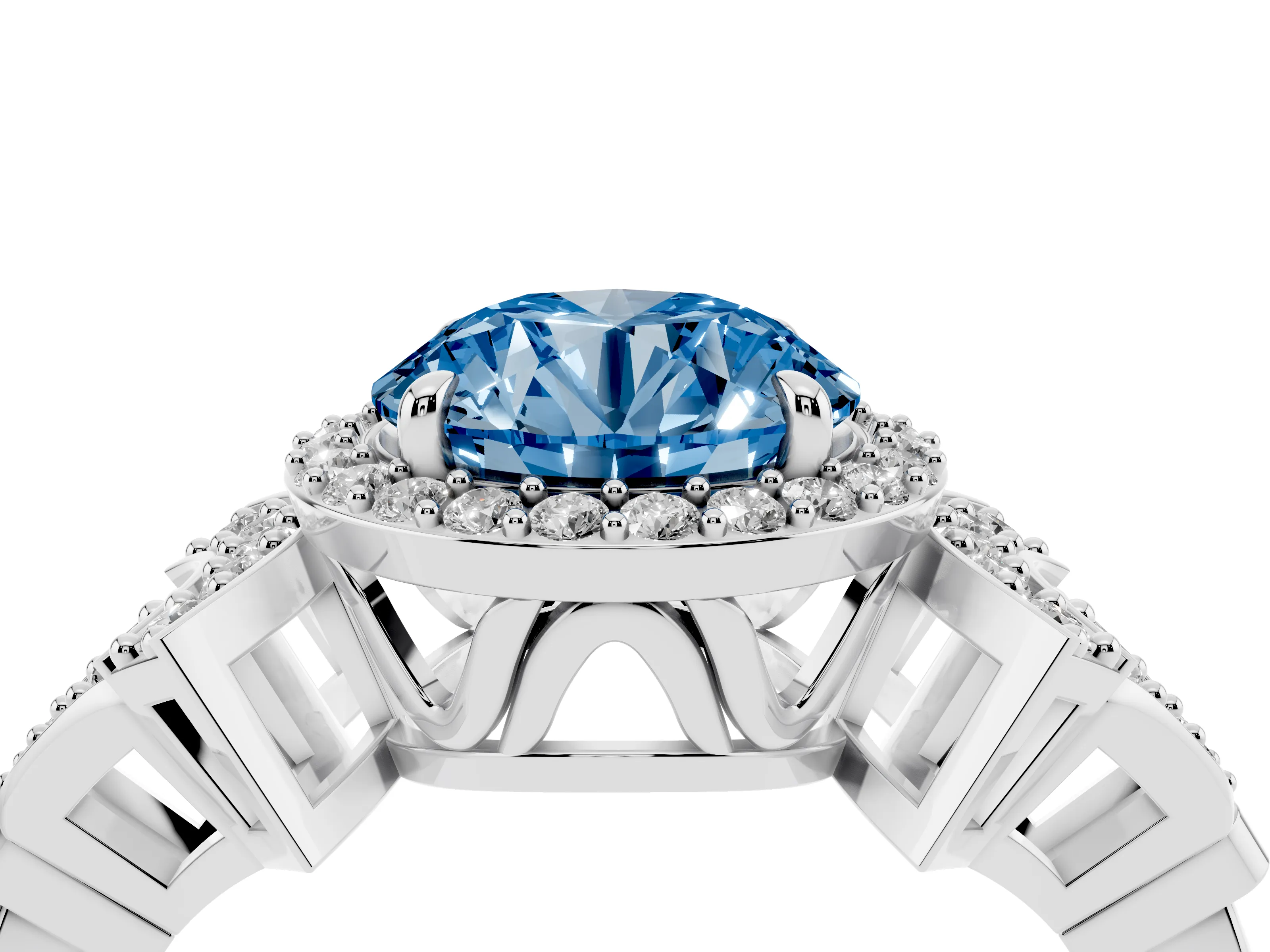 Fancy Blue Round Cut Diamond Halo Engagement Ring Set in Silver with Accent Stone Split Shank