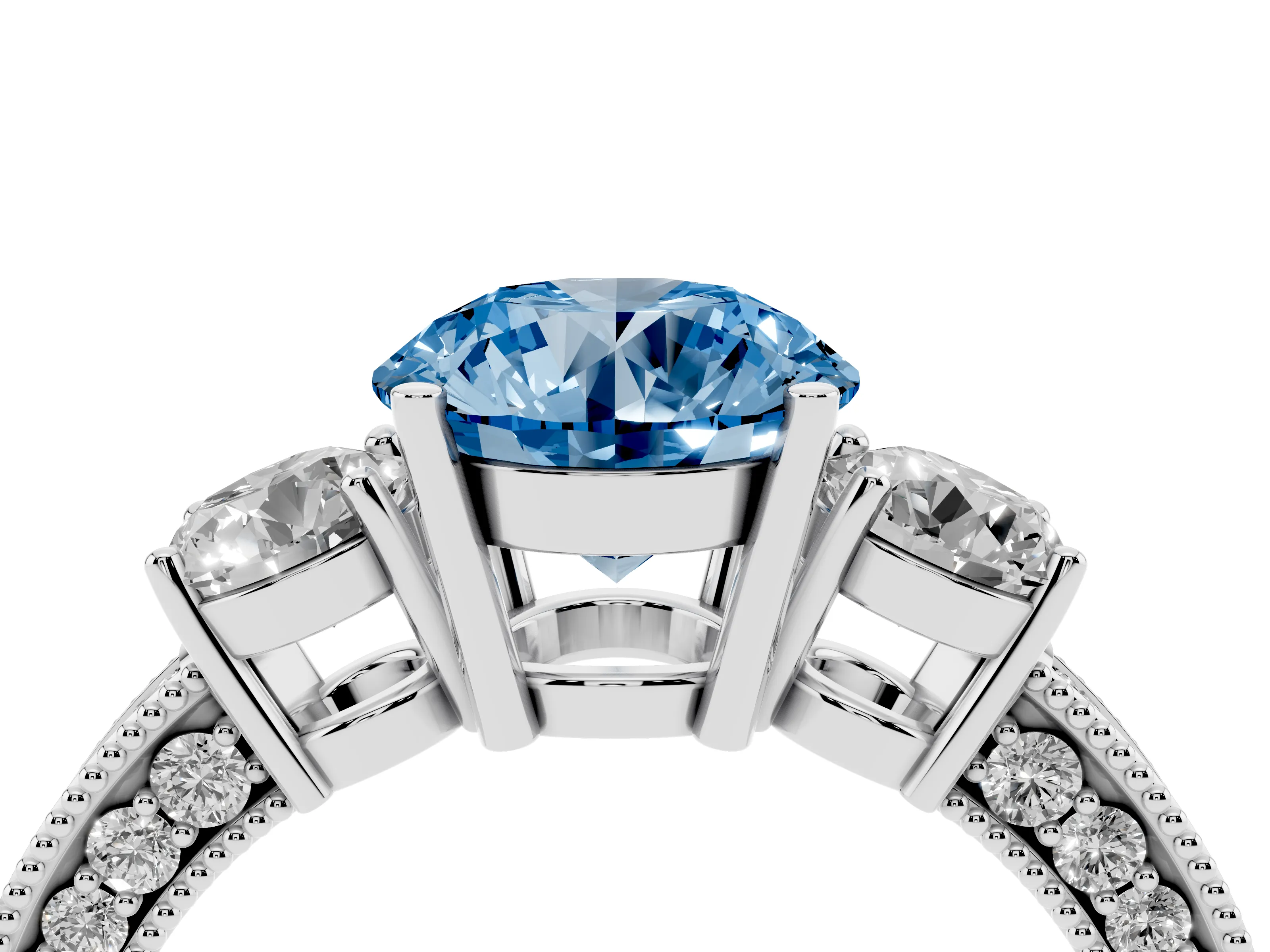 Fancy Blue Round Cut Diamond Three-Stone Ring Set in White gold with Round Side Stones and Pavé Band