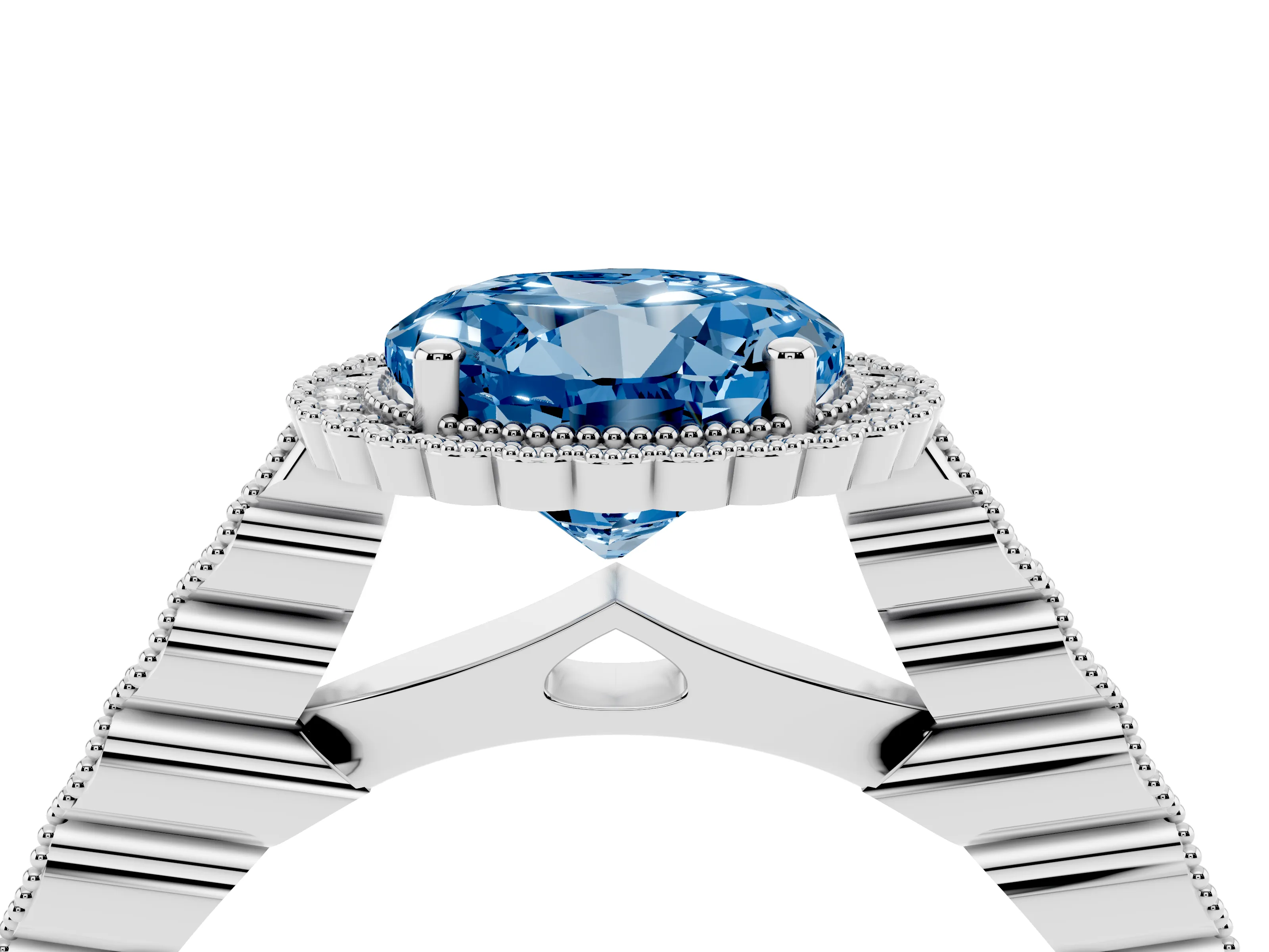 Fancy Blue Round Cut Diamond Halo Ring Set in Platinum with Pavé Milgrain Band