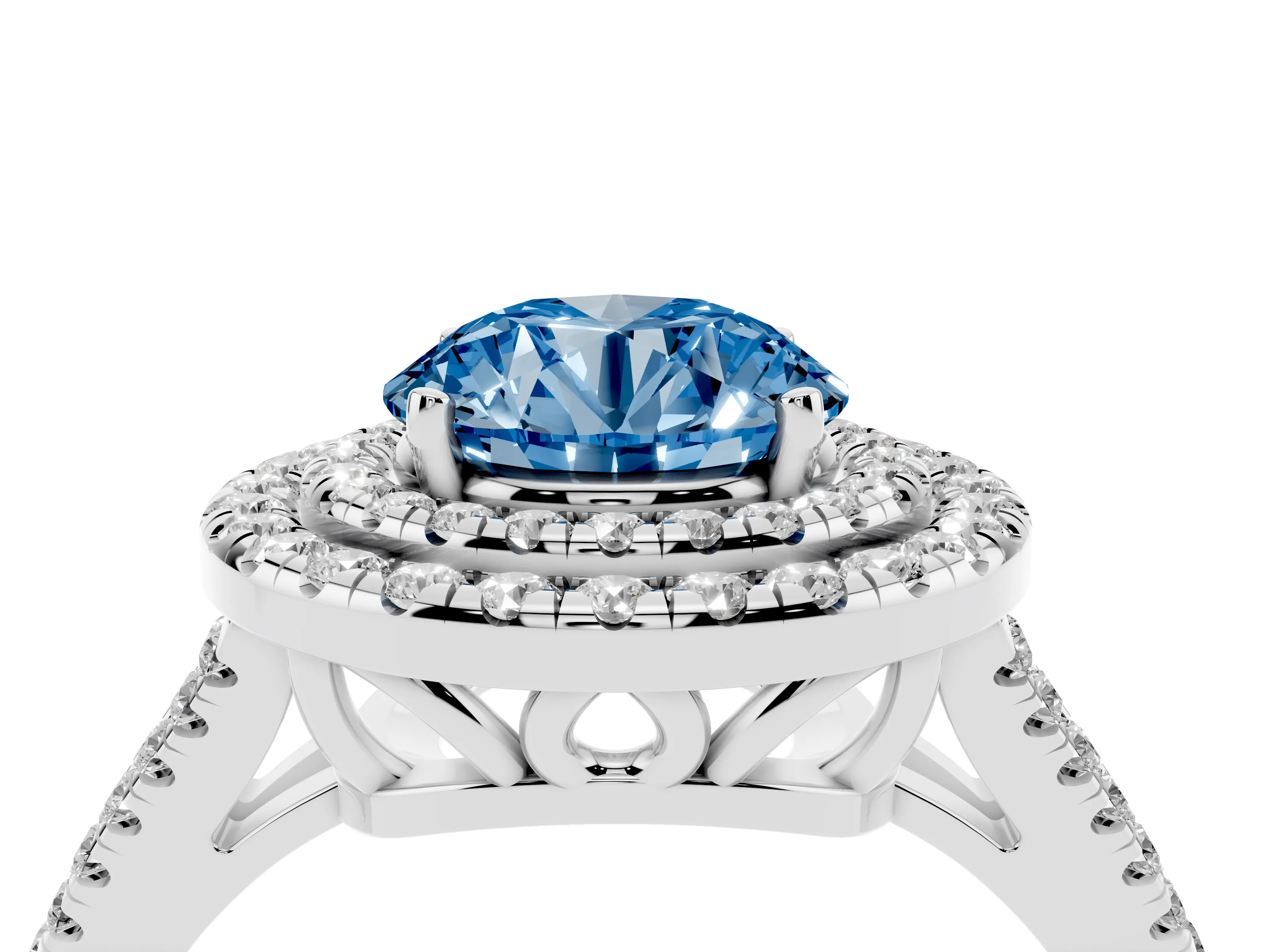 Fancy Blue Round Cut Diamond Double Halo Ring Set in Platinum with Pavé Band