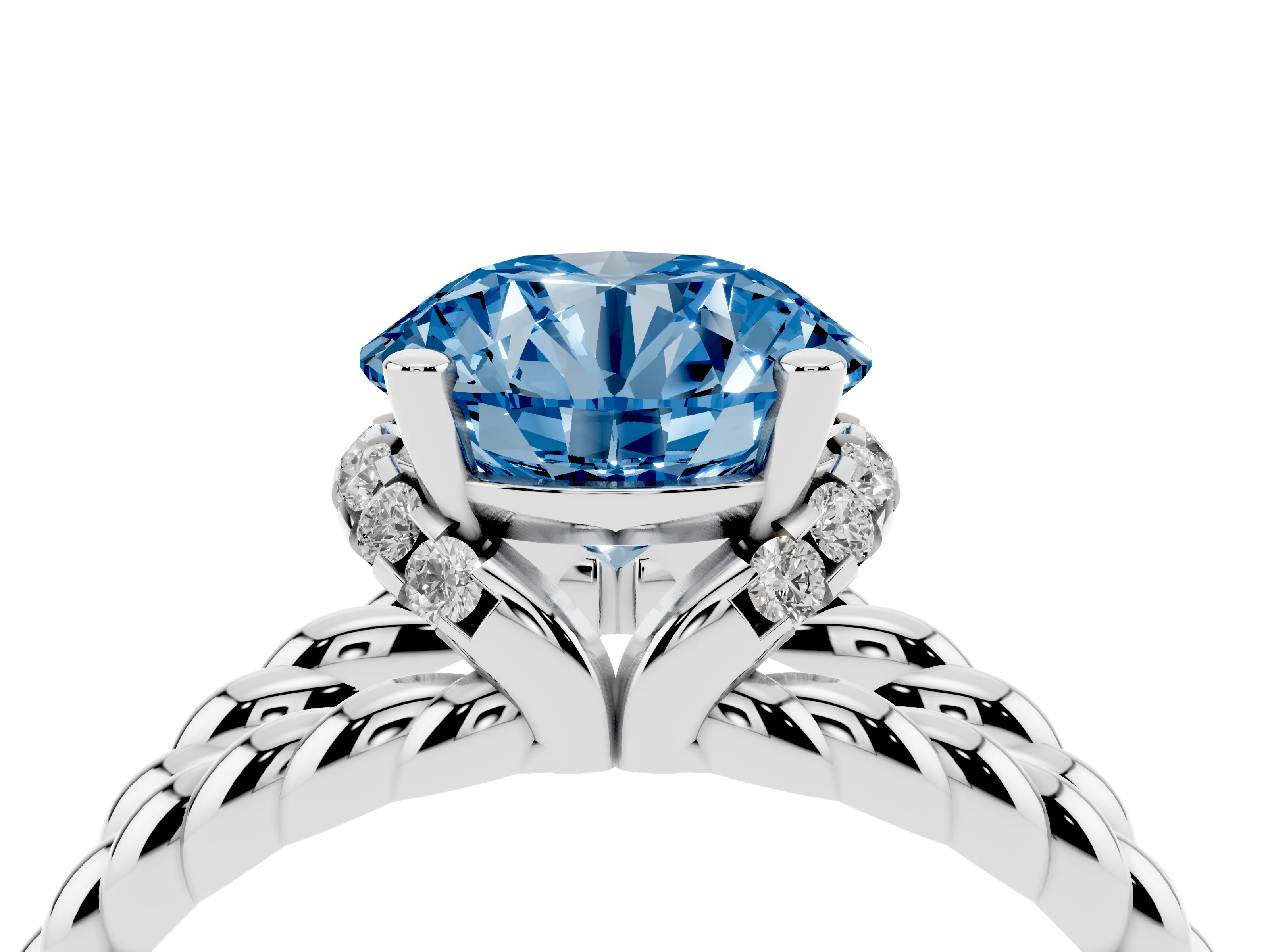 Fancy Blue Round Cut Diamond Halo Ring Set in Platinum with Twisted Band and Prong Setting