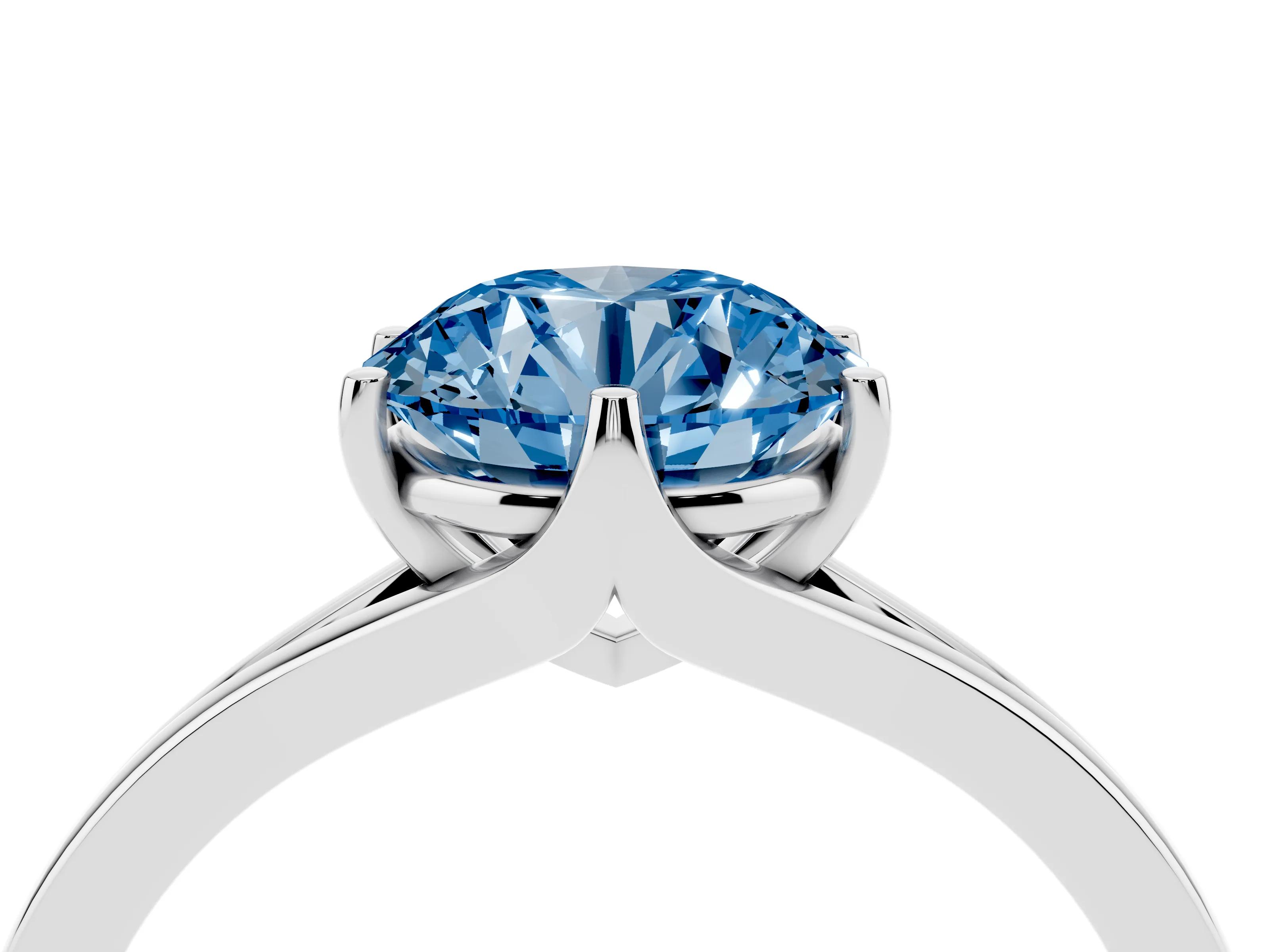 Fancy Blue Round Cut Diamond Solitaire Ring Set in Silver with Polished Tapered Band and Prong Setting