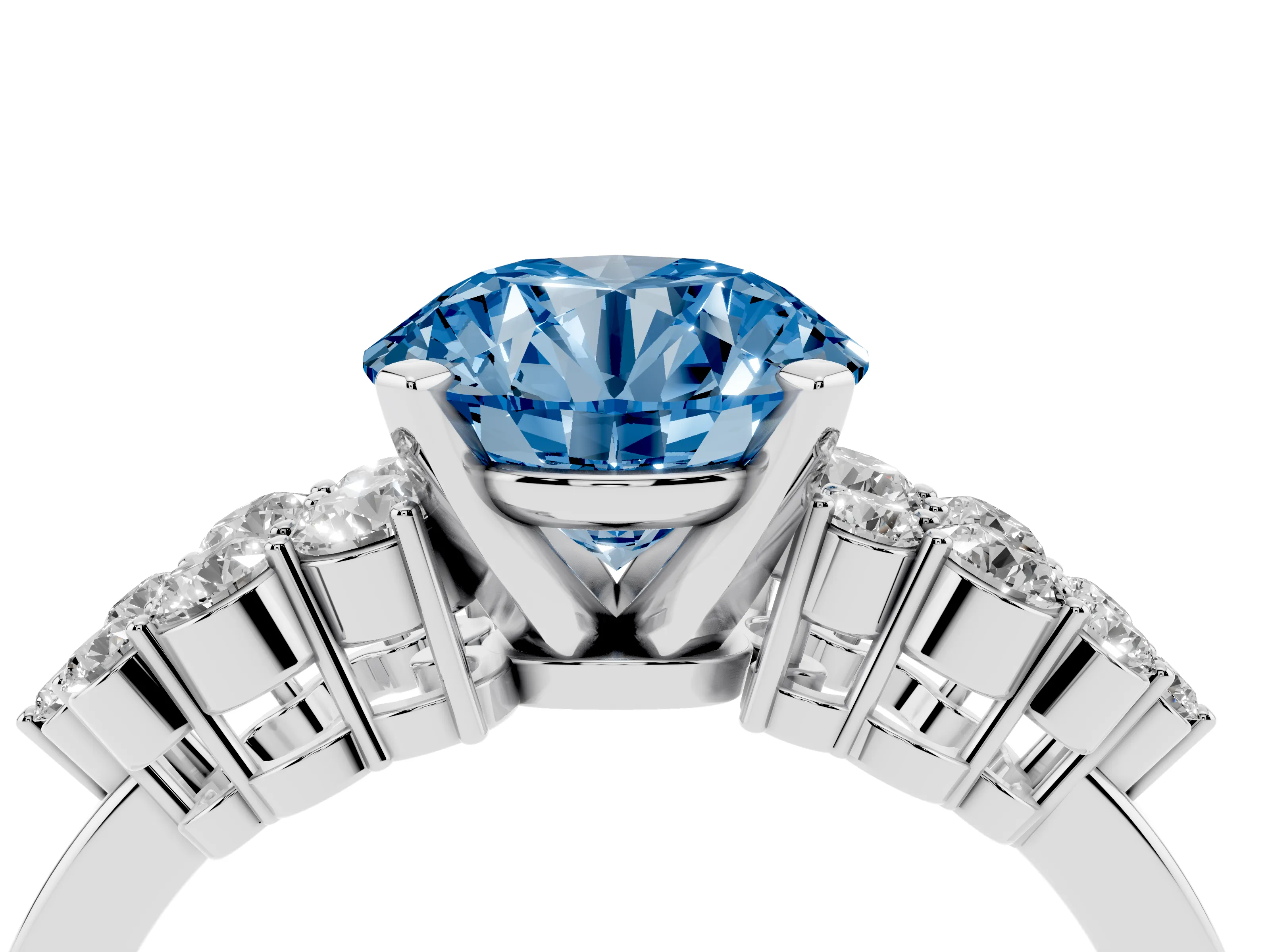 Fancy Blue Round Cut Diamond Cluster Engagement Ring Set in Silver with Pavé Band and Prong Setting