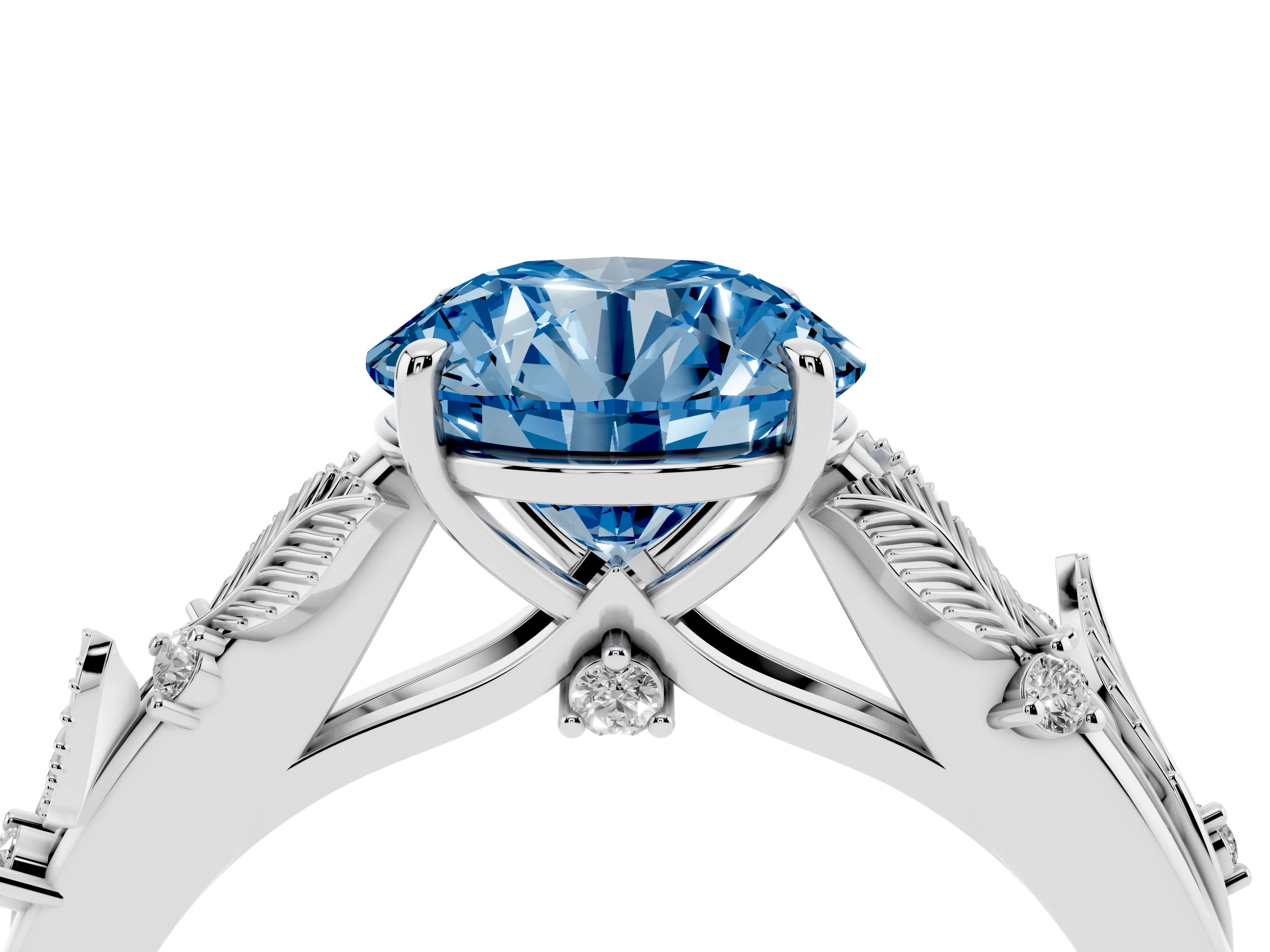 Fancy Blue Round Cut Diamond Solitaire Ring Set in White gold with Leaf Motif Band
