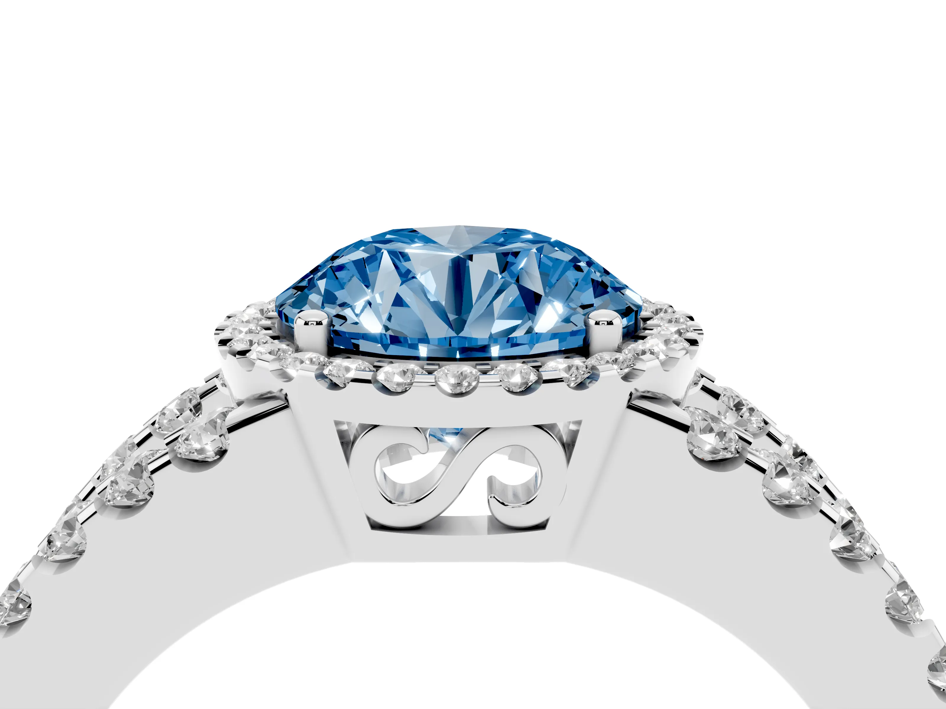 Fancy Blue Round Cut Diamond Halo Ring Set in Silver with Pavé Split Shank and Prong Setting