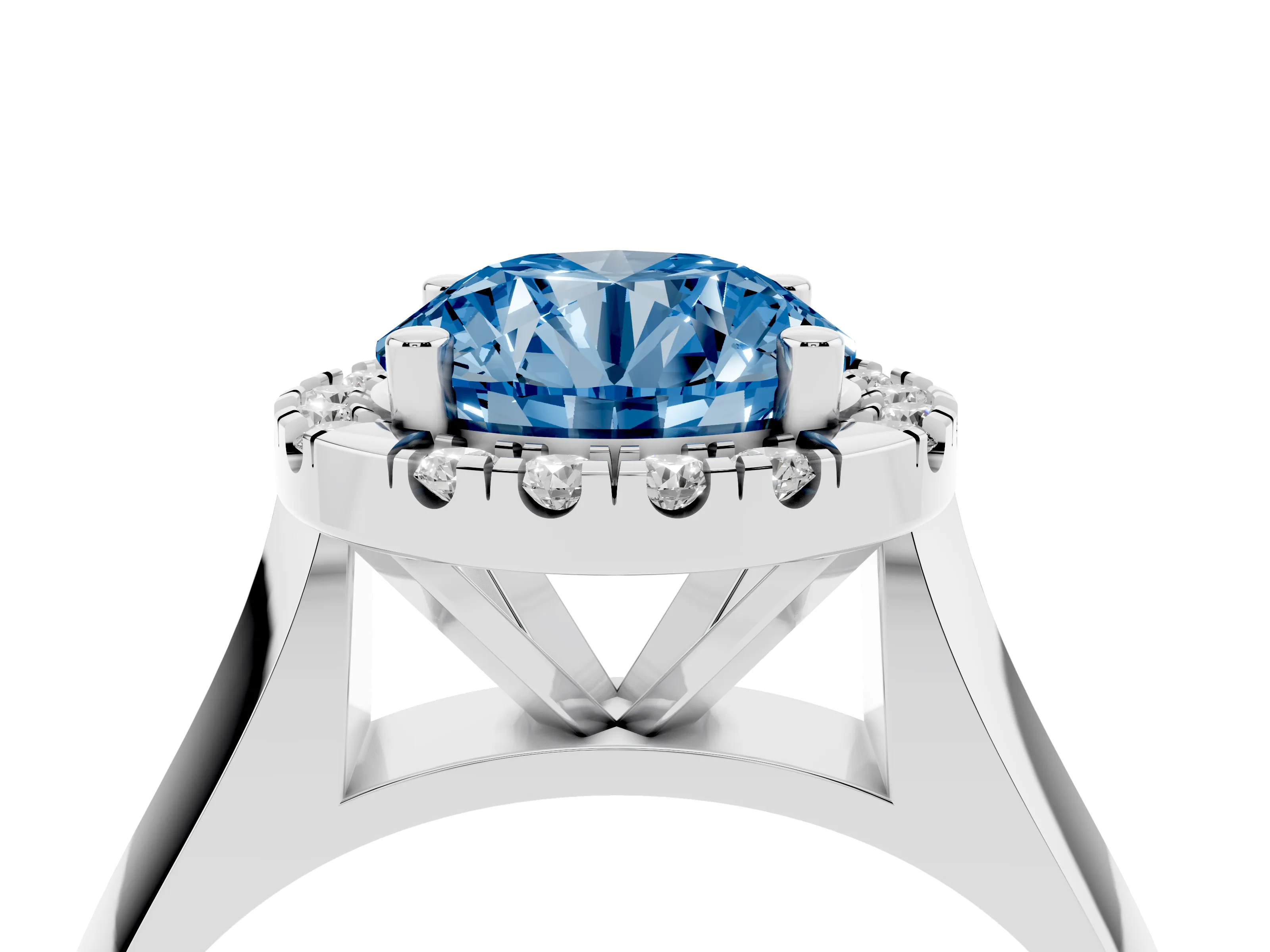 Fancy Blue Round Cut Diamond Halo Solitaire Engagement Ring Set in Platinum with Square Band and Prong Setting
