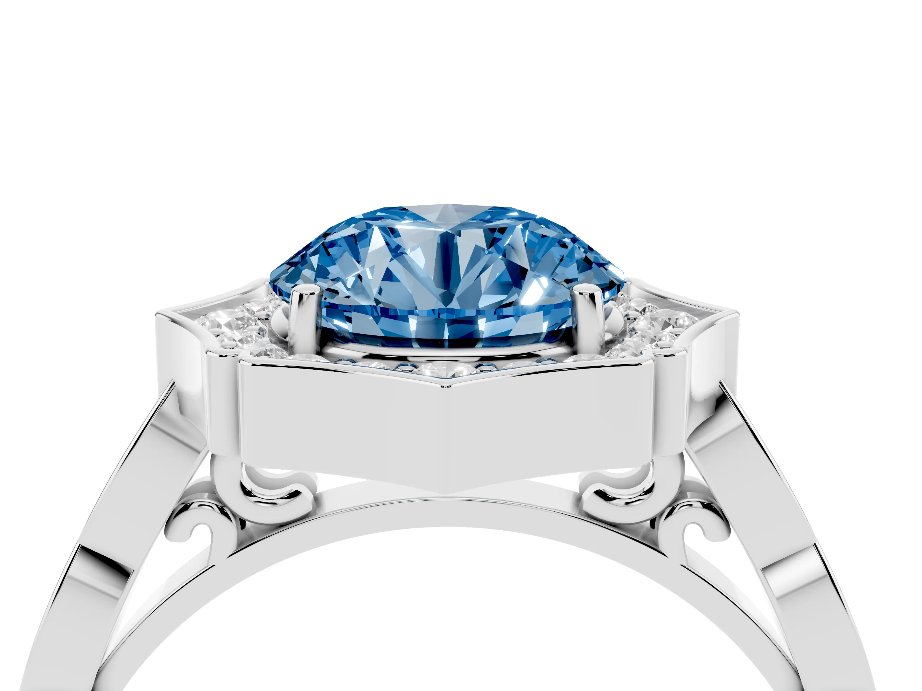 Fancy Blue Round Cut Diamond Halo Engagement Ring Set in White gold with Milgrain Band and Prong Setting