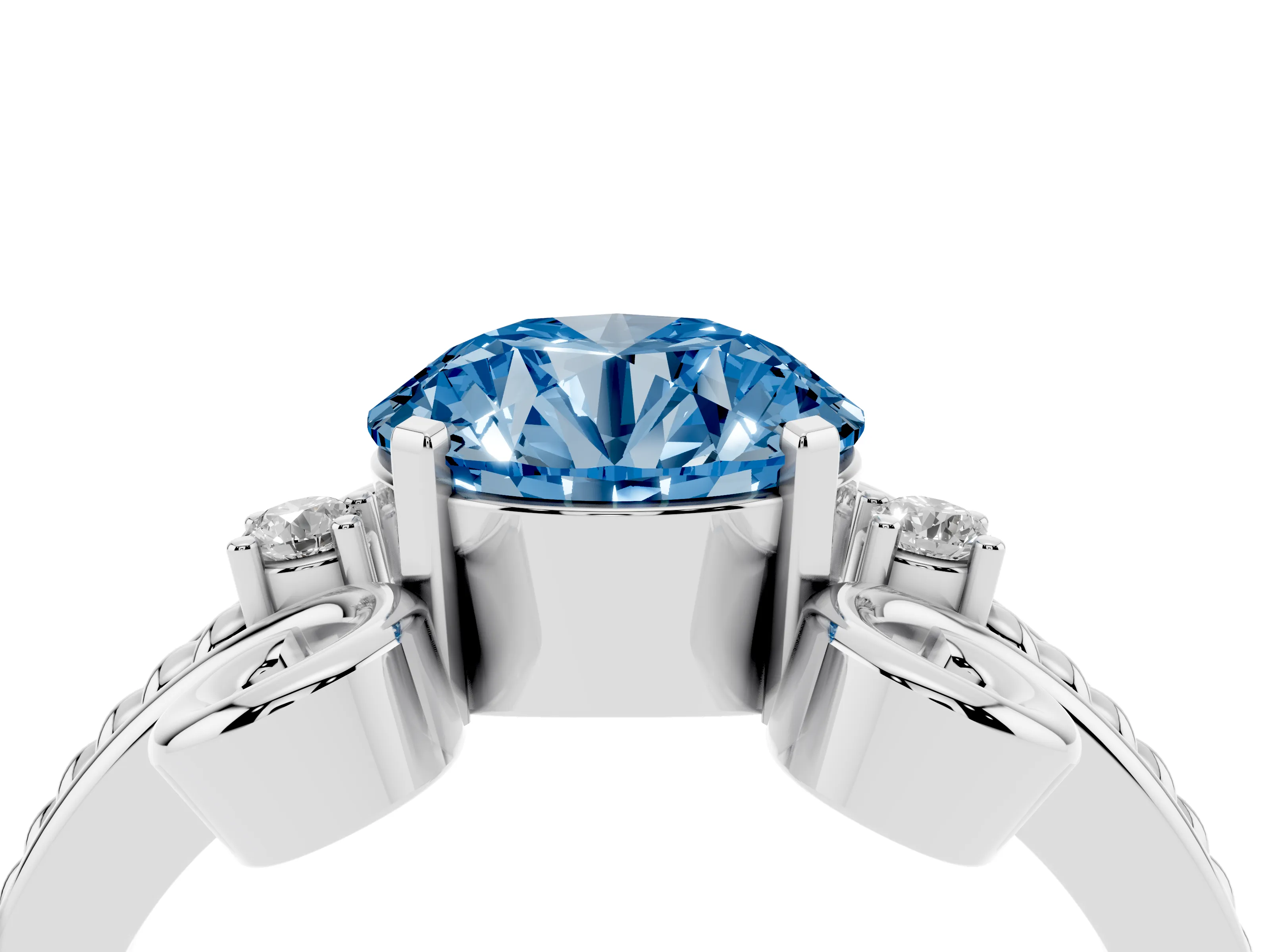 Fancy Blue Round Cut Diamond Twisted Band Solitaire Ring Set in White gold with Scroll Prongs