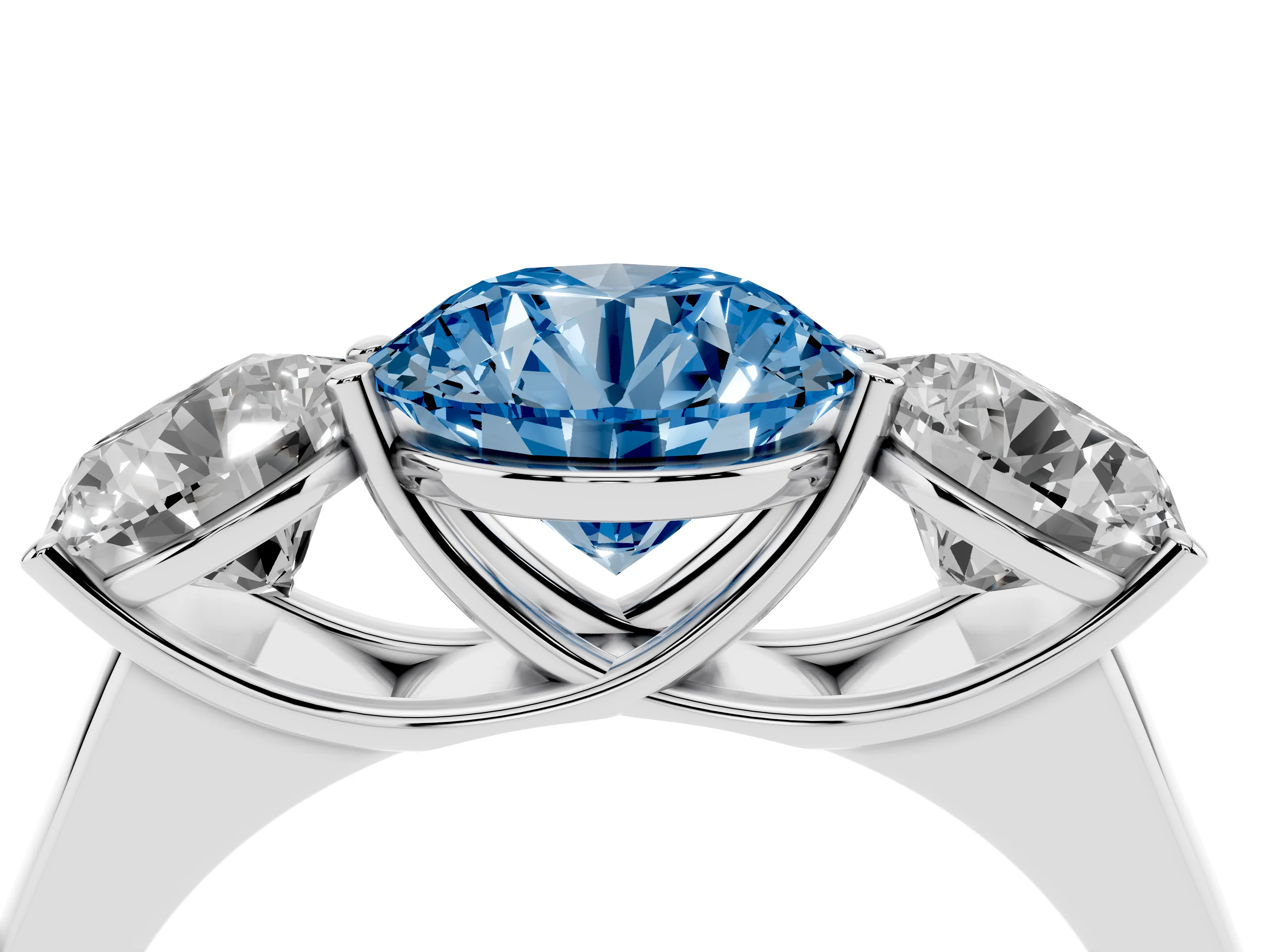 Fancy Blue Round Cut Diamond Three-Stone Ring Set in Silver with Plain Polished Band