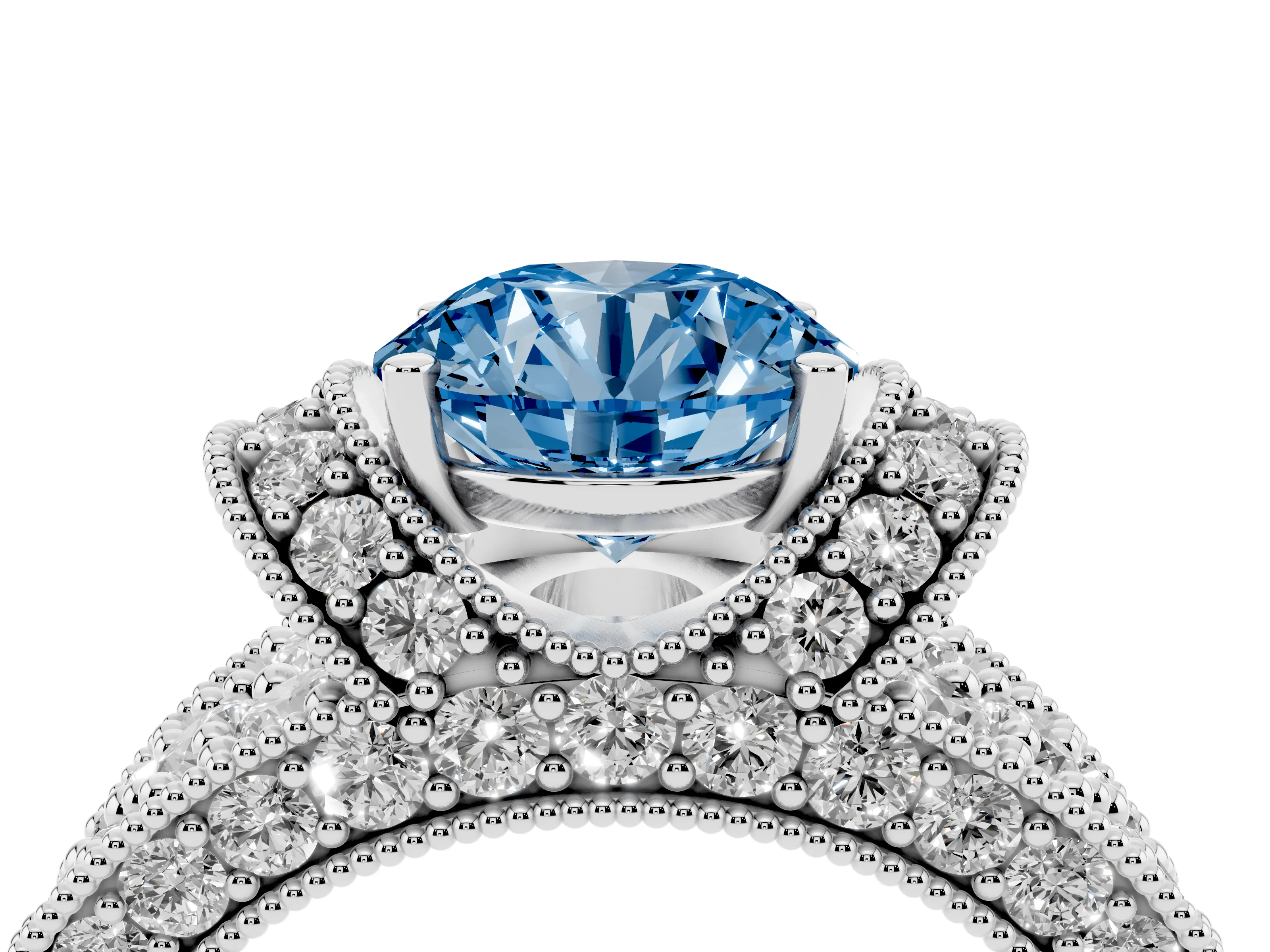 Fancy Blue Round Cut Diamond Milgrain Halo Pavé Engagement Ring Set in Platinum with Prong Setting