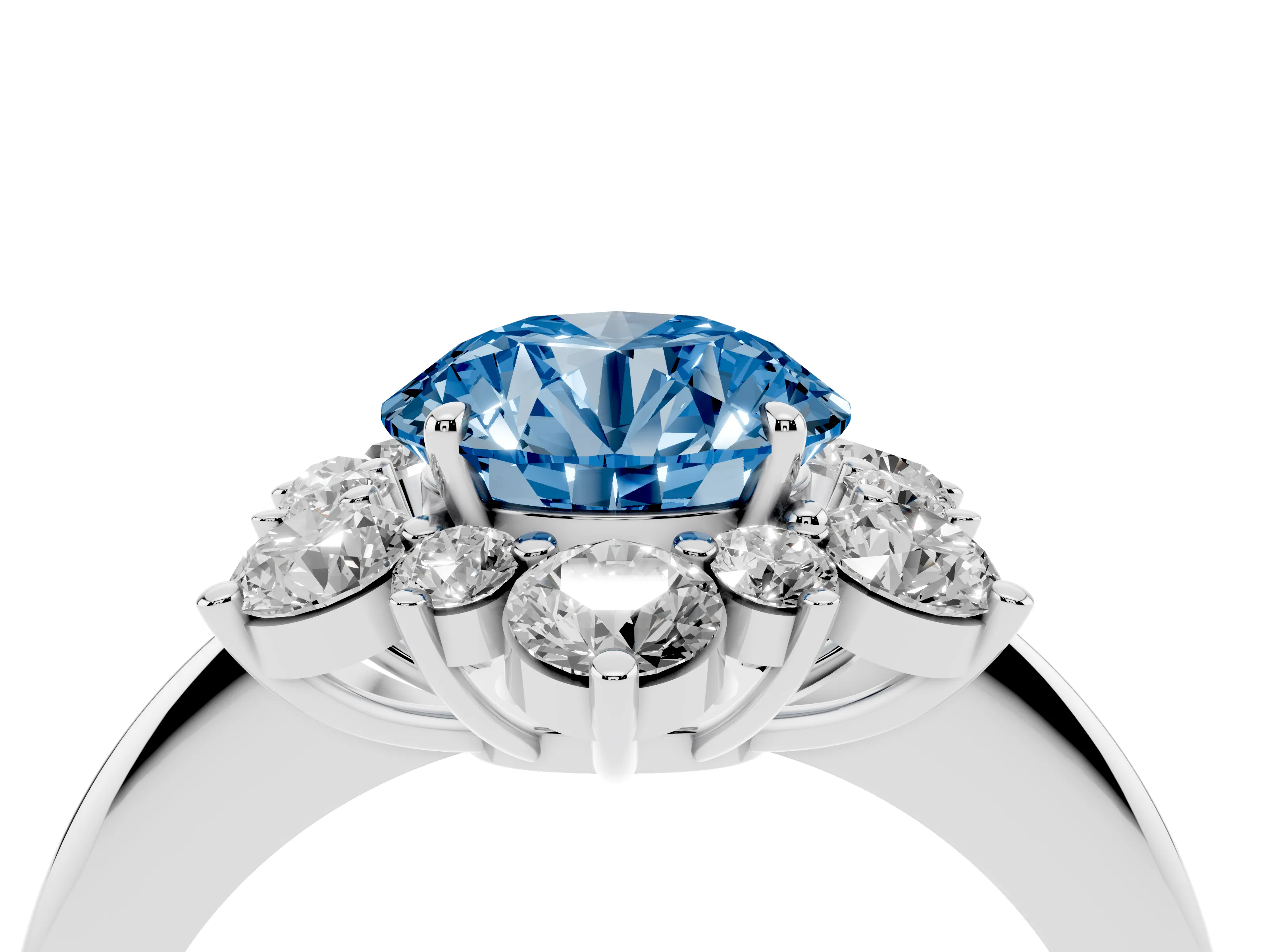 Fancy Blue Round Cut Diamond Cluster Halo Ring Set in Silver with Solitaire Band and Prong Setting