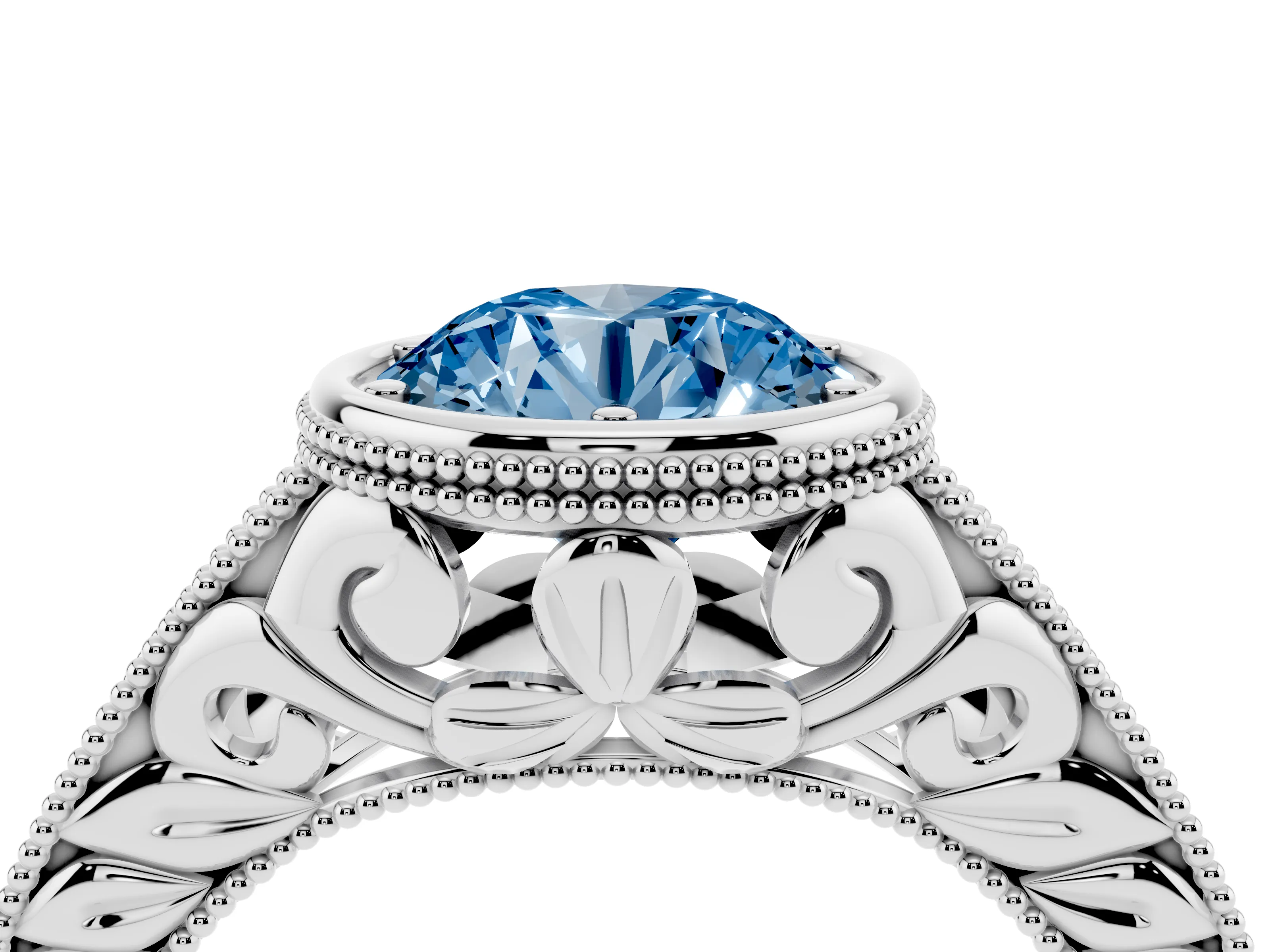 Fancy Blue Bezel Set Round Cut Diamond Milgrain Pavé Engagement Ring Set in Silver