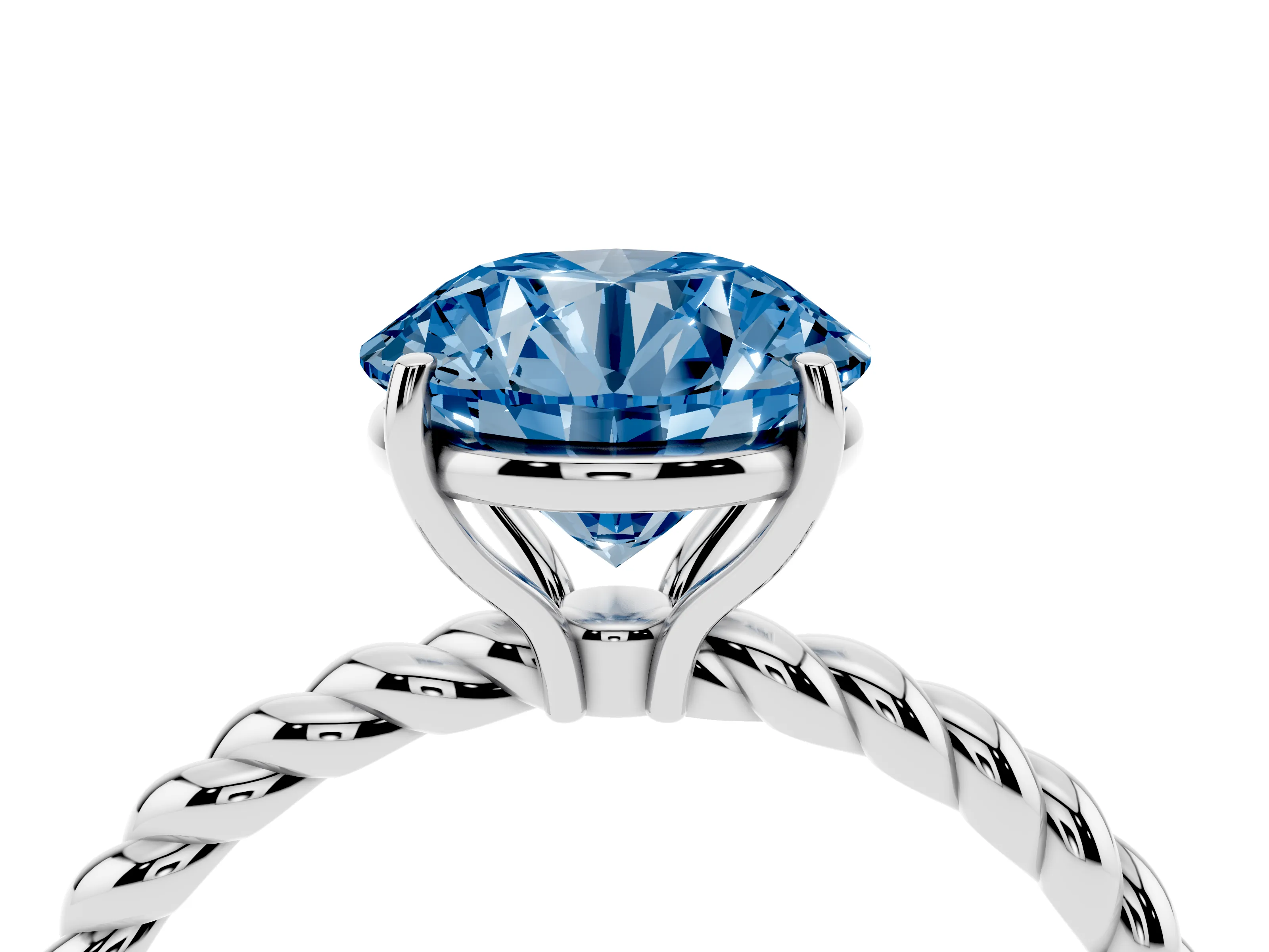 Fancy Blue Round Cut Diamond Solitaire Ring Set in White gold with Twist Band and Prong Setting