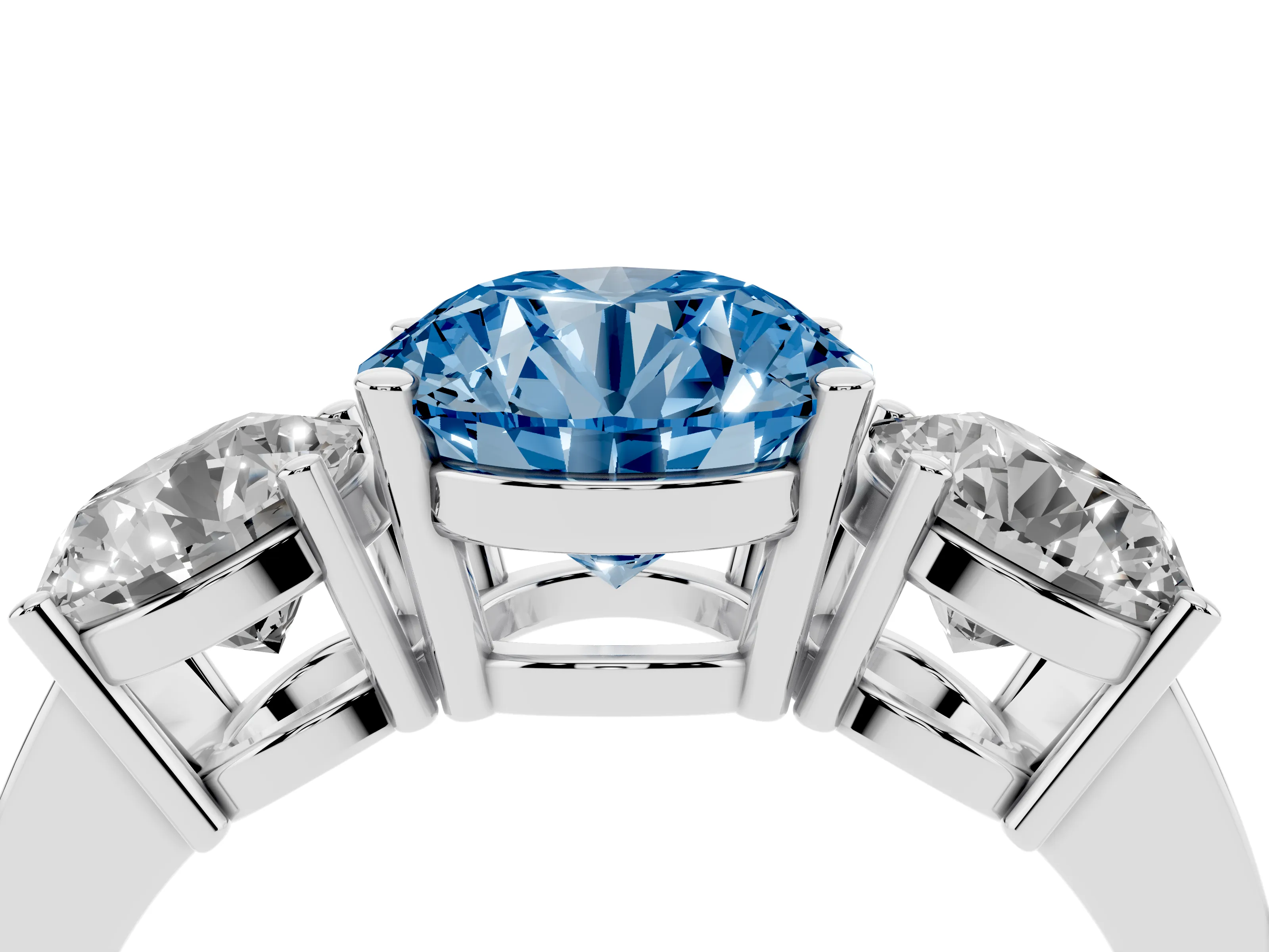 Fancy Blue Round Cut Diamond Three-Stone Engagement Ring Set in Silver with Flat Band