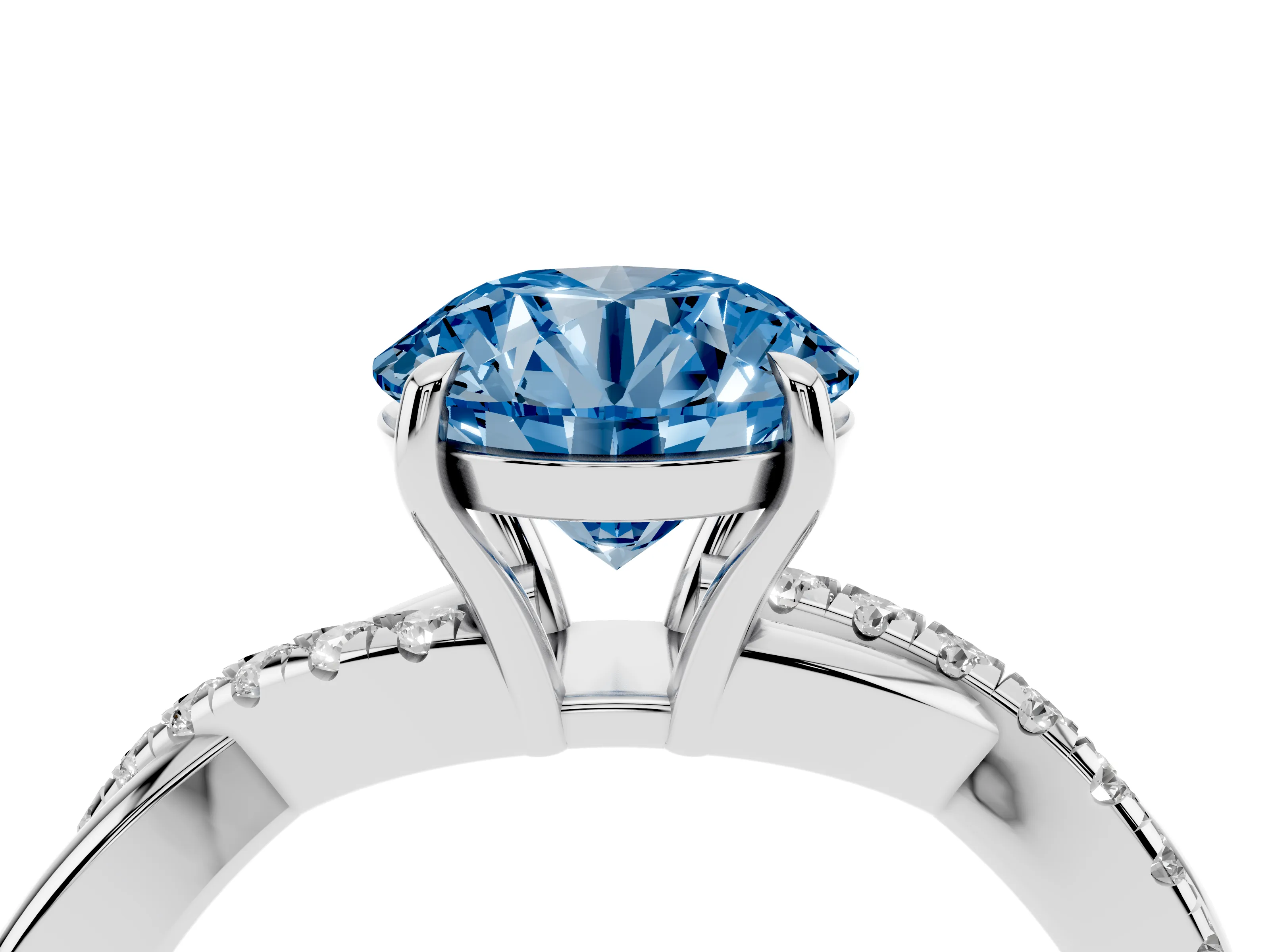 Fancy Blue Round Cut Diamond Twisted Pavé Band Ring Set in Silver with Prong Setting