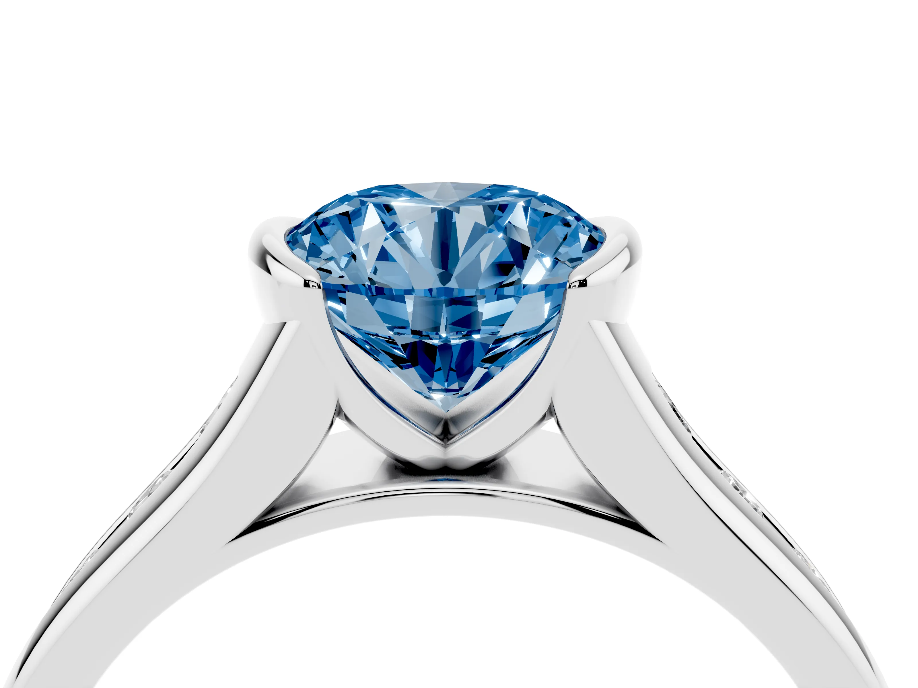 Fancy Blue Round Cut Diamond Bezel-Set Solitaire Ring Set in White gold with Channel-Set Band