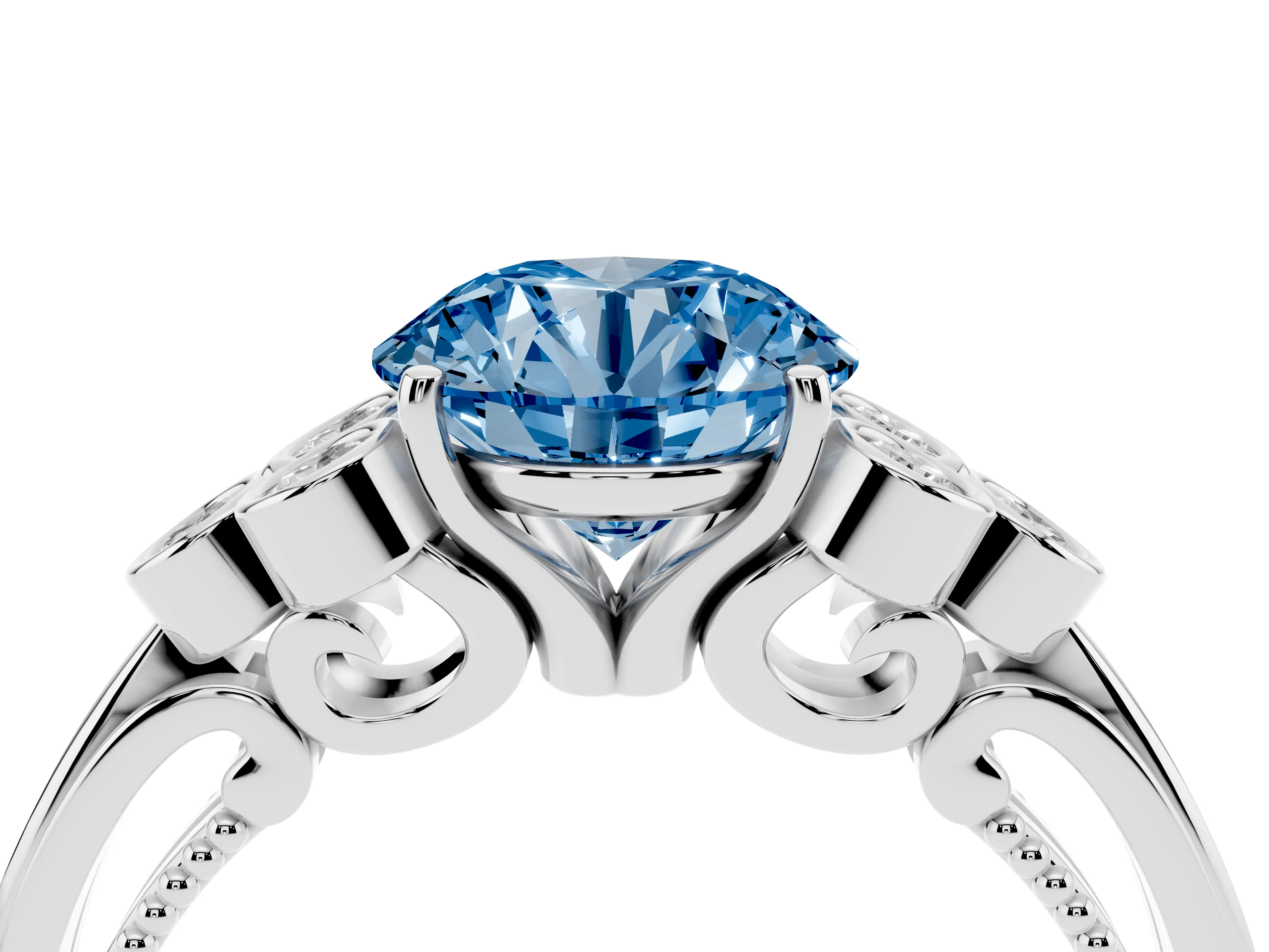 Fancy Blue Round Cut Diamond Engagement Ring Set in Platinum with Bezel Set Round Side Stones and Prong Setting