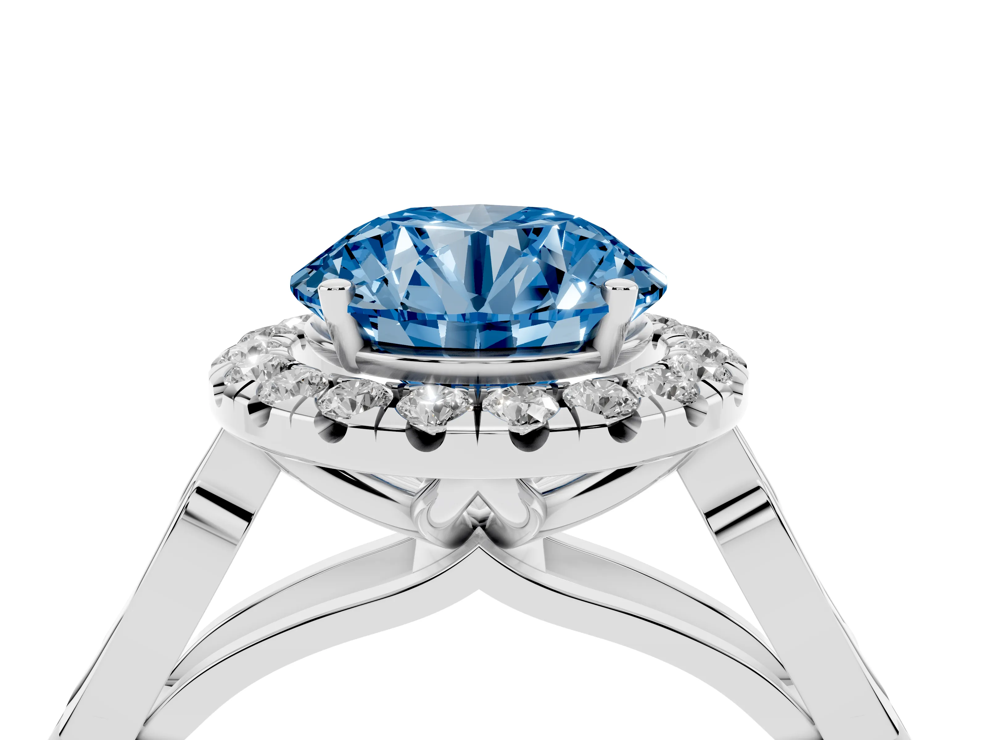 Fancy Blue Round Cut Diamond Halo Engagement Ring Set in Platinum with Filigree Band and Prong-Set Center
