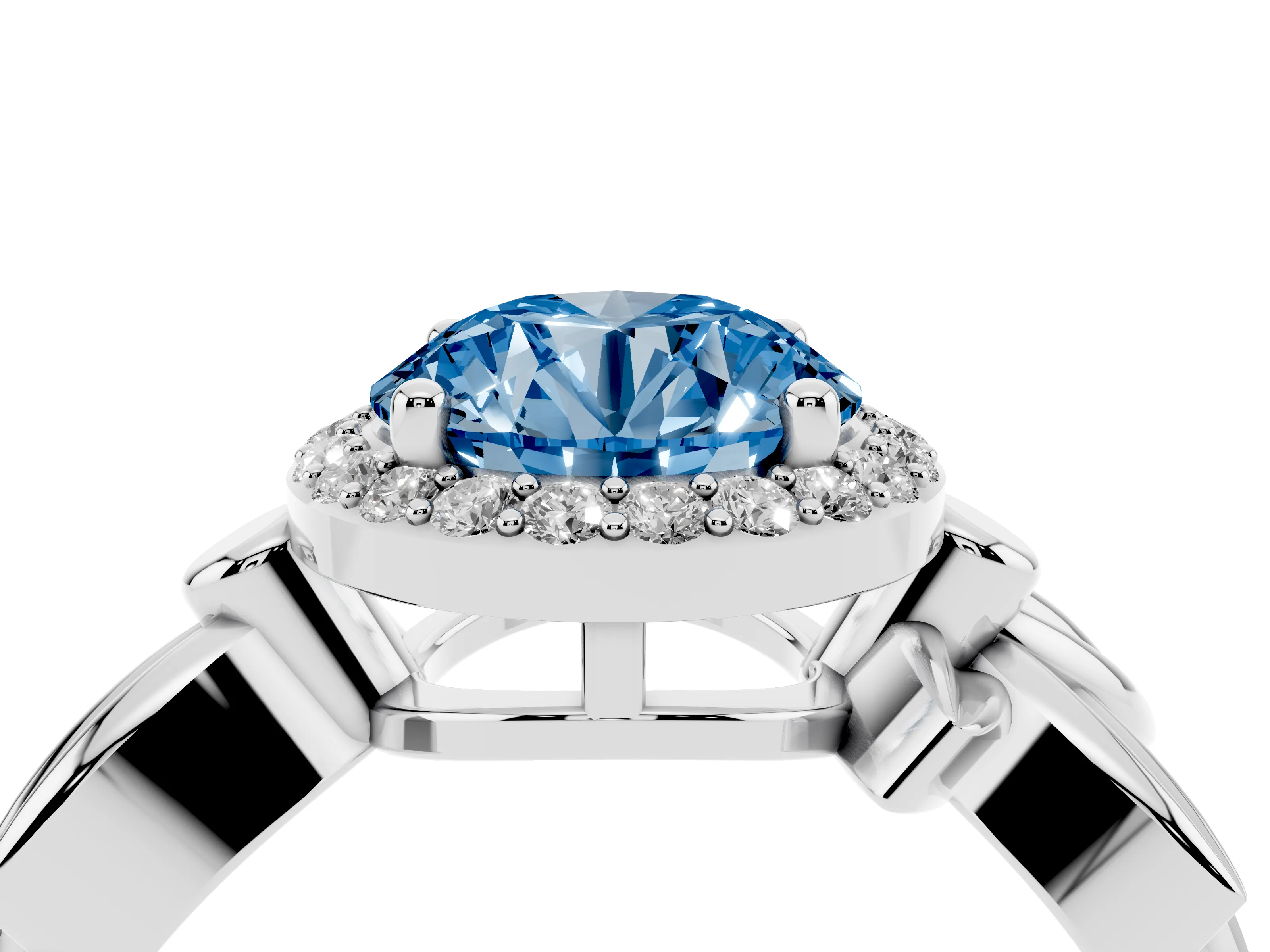 Fancy Blue Round Cut Diamond Halo Floral Band Ring Set in Silver with Prong Setting
