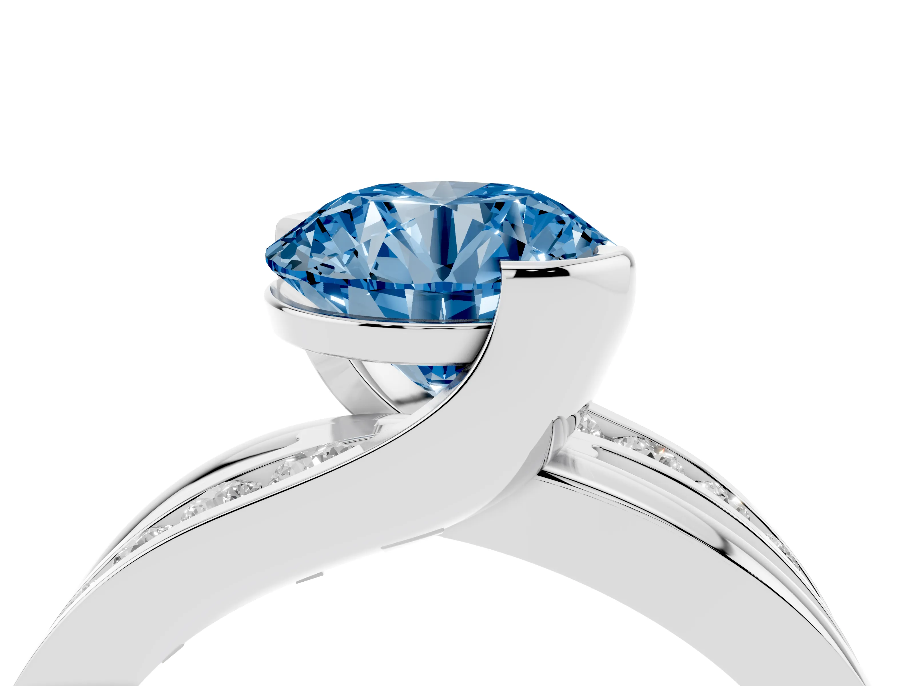 Fancy Blue Round Cut Diamond Solitaire Ring Set in Silver with Channel Set Split Shank and Tension Prongs