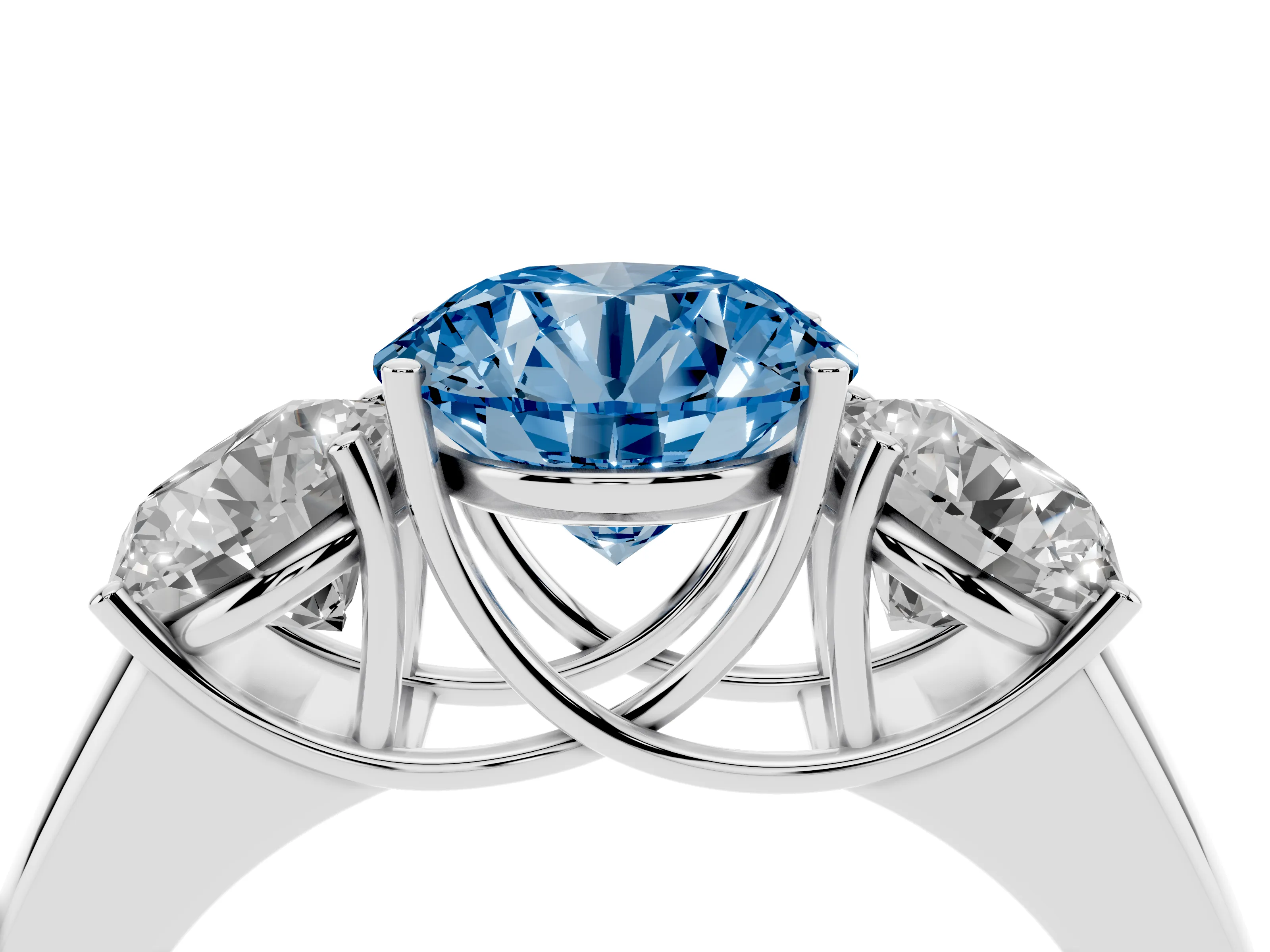 Fancy Blue Three-Stone Round Cut Diamond Ring Set in Silver with Matching Prong Settings and Plain Band