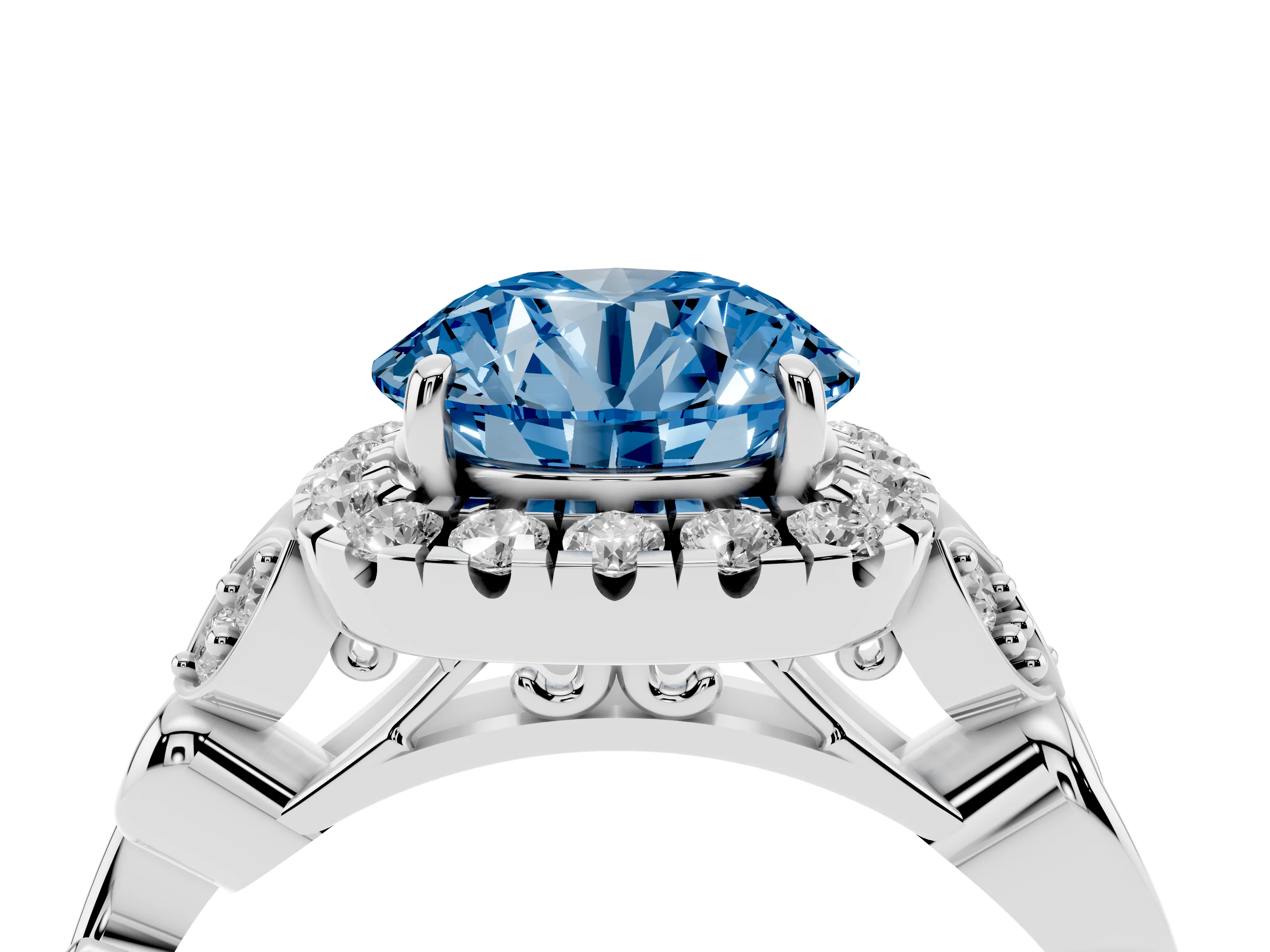 Fancy Blue Round Cut Diamond Halo Engagement Ring Set in White gold with Vintage-Inspired Band and Prong Setting