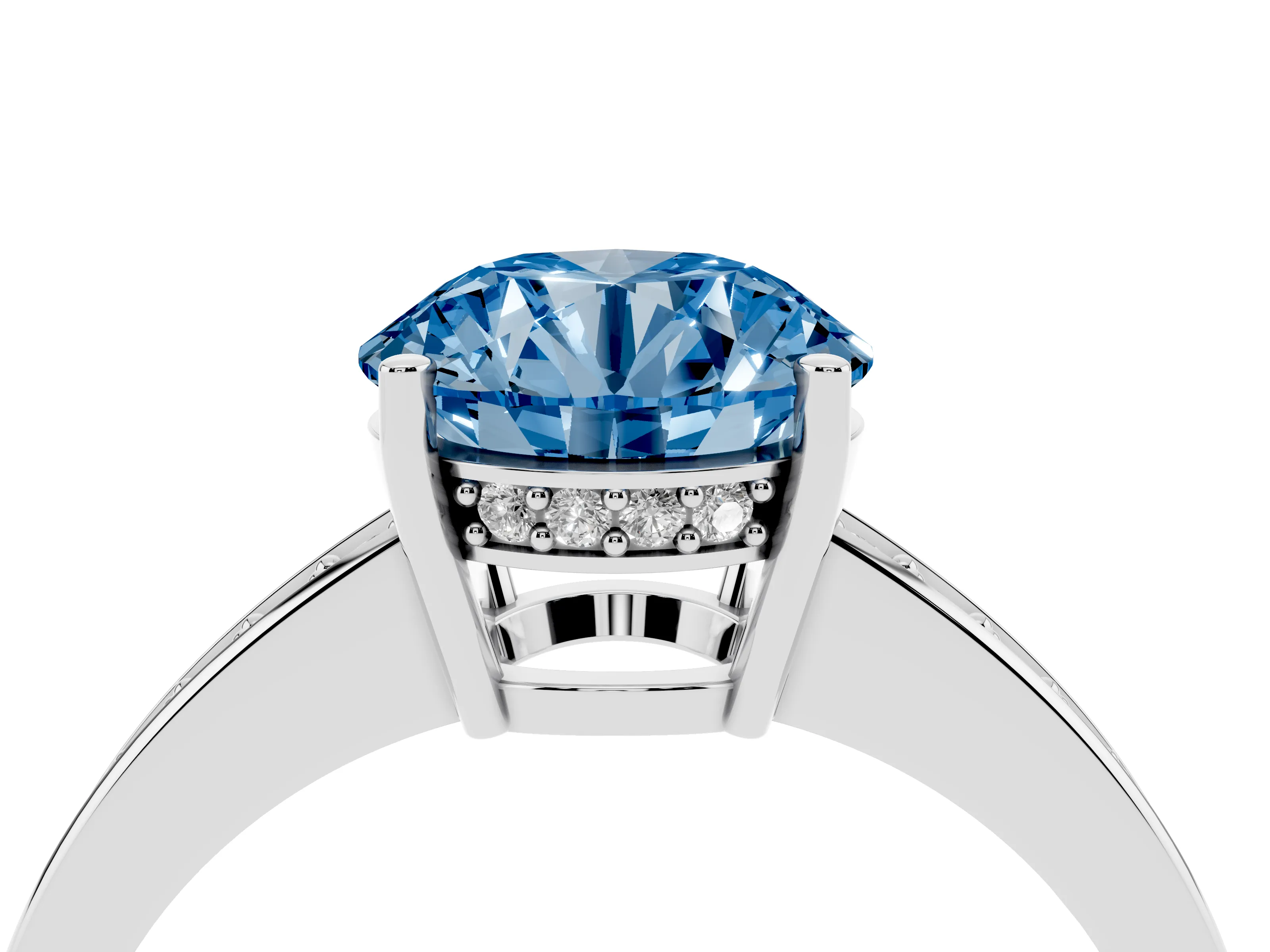 Fancy Blue Round Cut Diamond Pavé Band Prong Set Solitaire Ring Set in Platinum