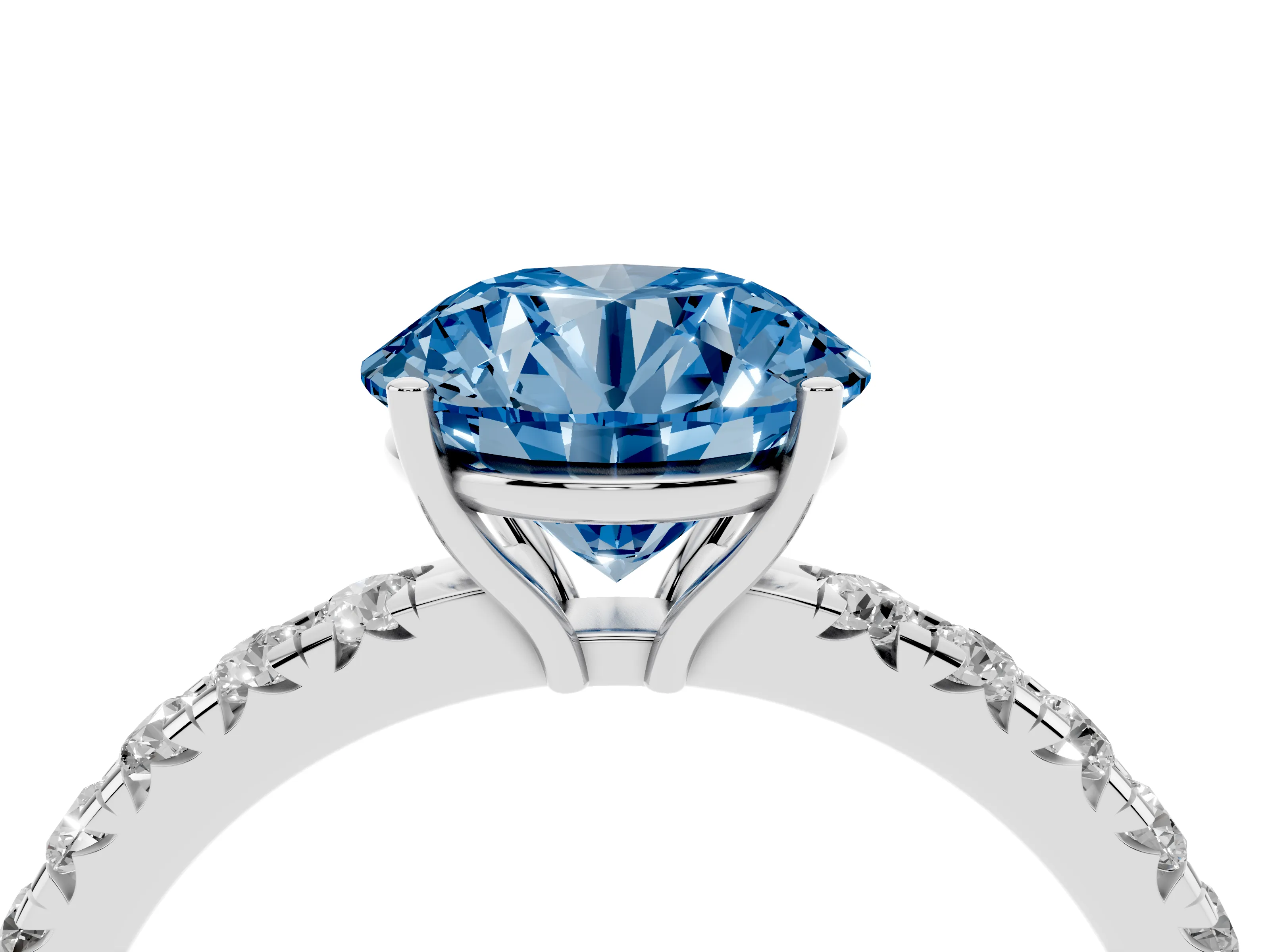 Fancy Blue Round Cut Diamond Pavé Solitaire Engagement Ring Set in White gold with Prong Setting