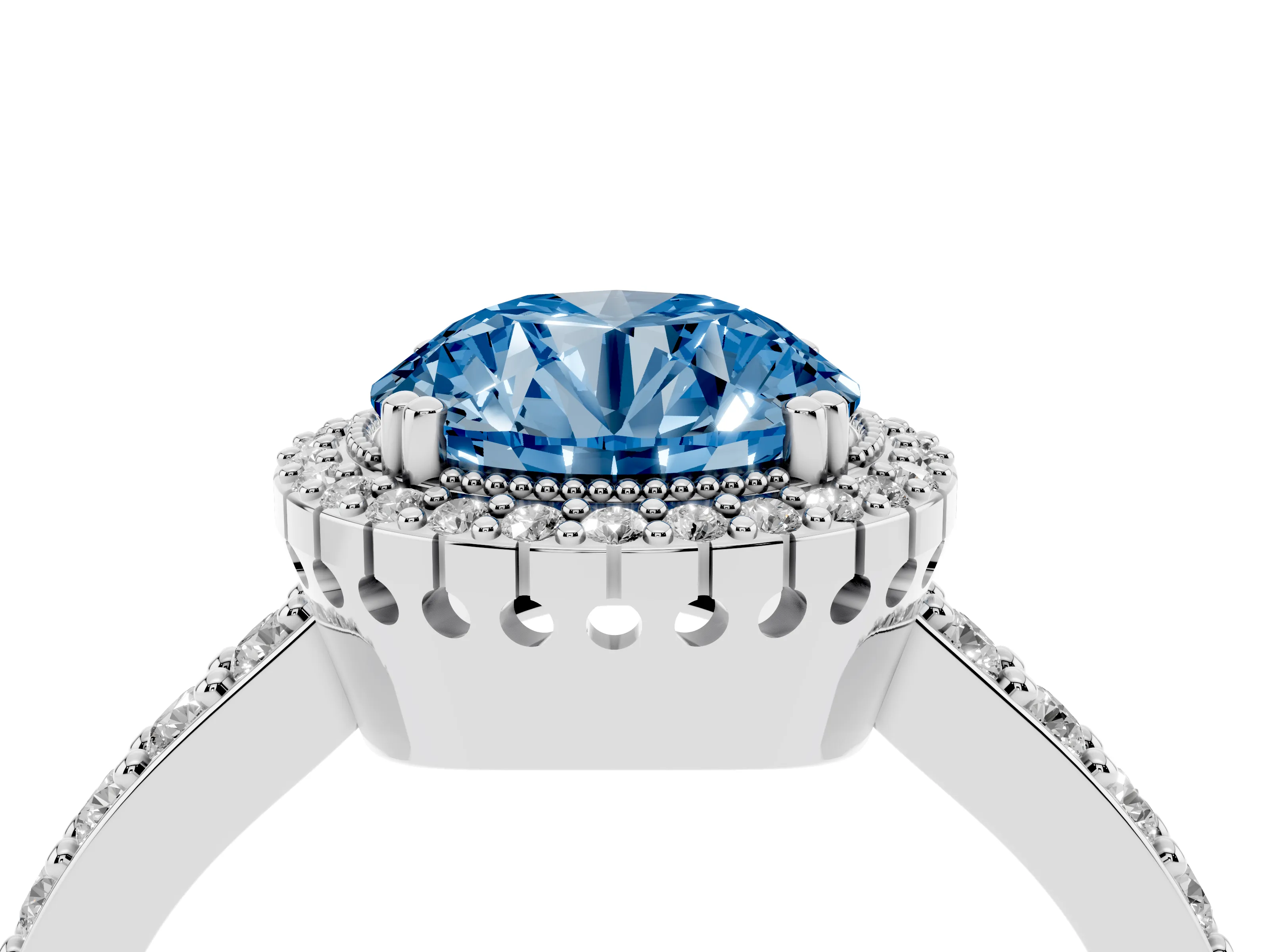 Fancy Blue Round Cut Diamond Halo Engagement Ring Set in Silver with Milgrain Detail and Pavé Band