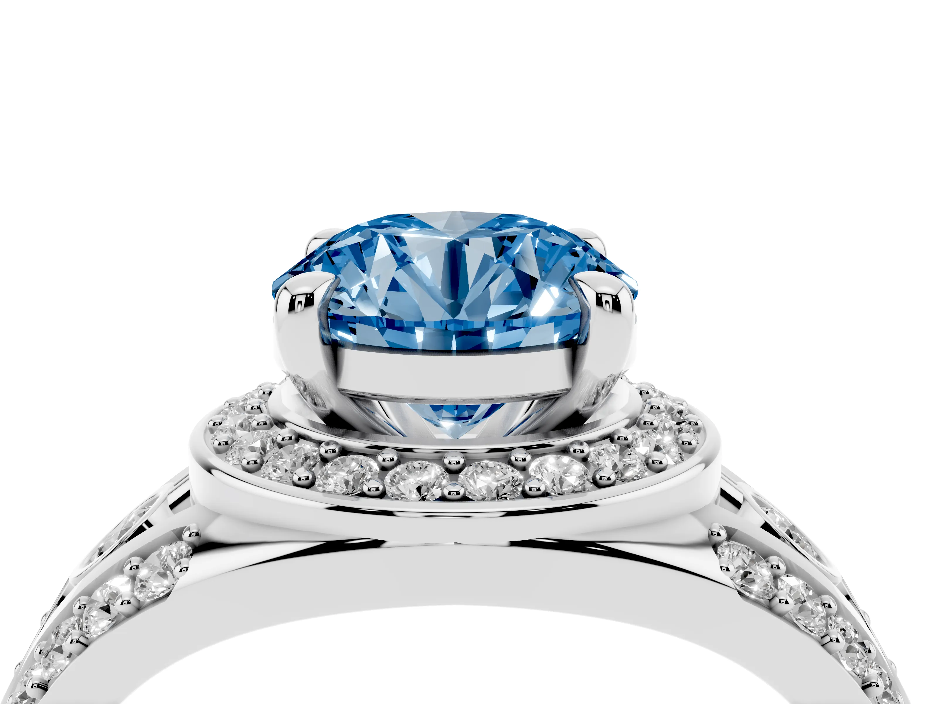 Fancy Blue Round Cut Diamond Halo Ring Set in Platinum with Pavé Split Shank and Bezel Accents