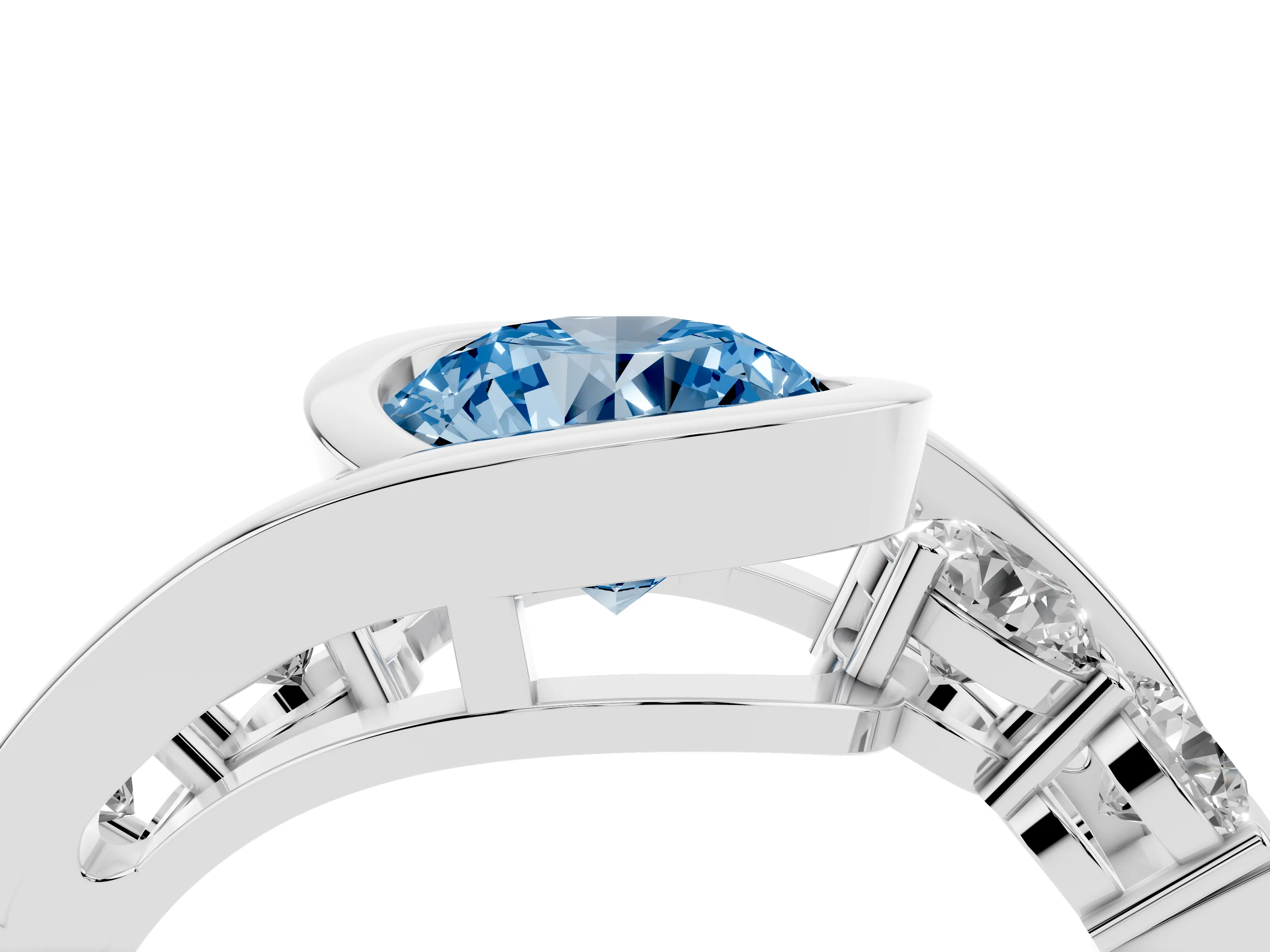 Fancy Blue Round Cut Diamond Bezel Bypass Ring Set in Platinum with Round Accents
