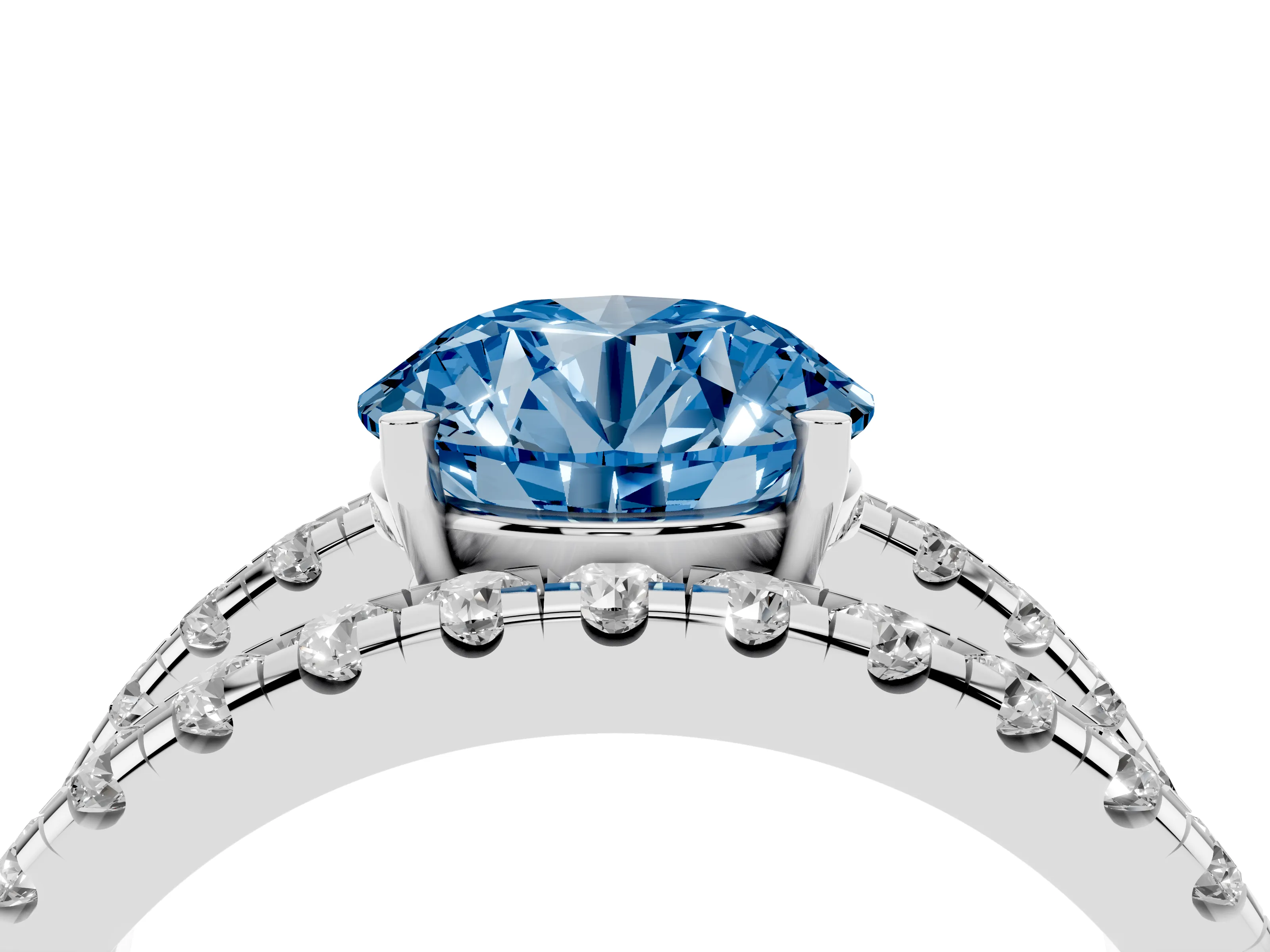 Fancy Blue Round Cut Diamond Split Shank Pavé Solitaire Ring Set in Silver with Open Shank Design