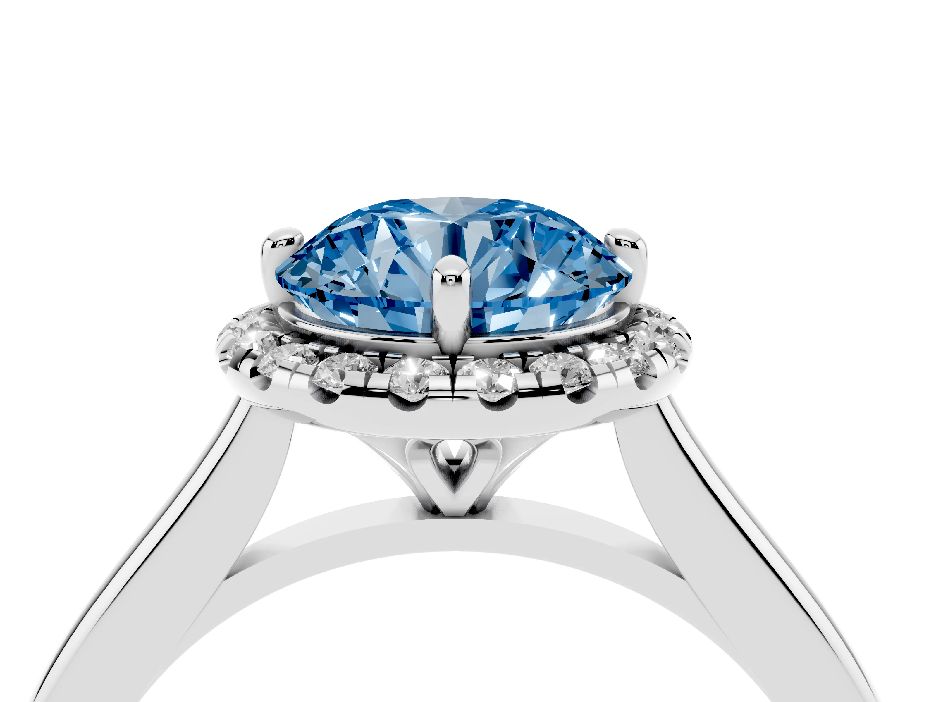 Fancy Blue Round Cut Diamond Halo Engagement Ring Set in Platinum with Pavé Band and Rising Shoulders