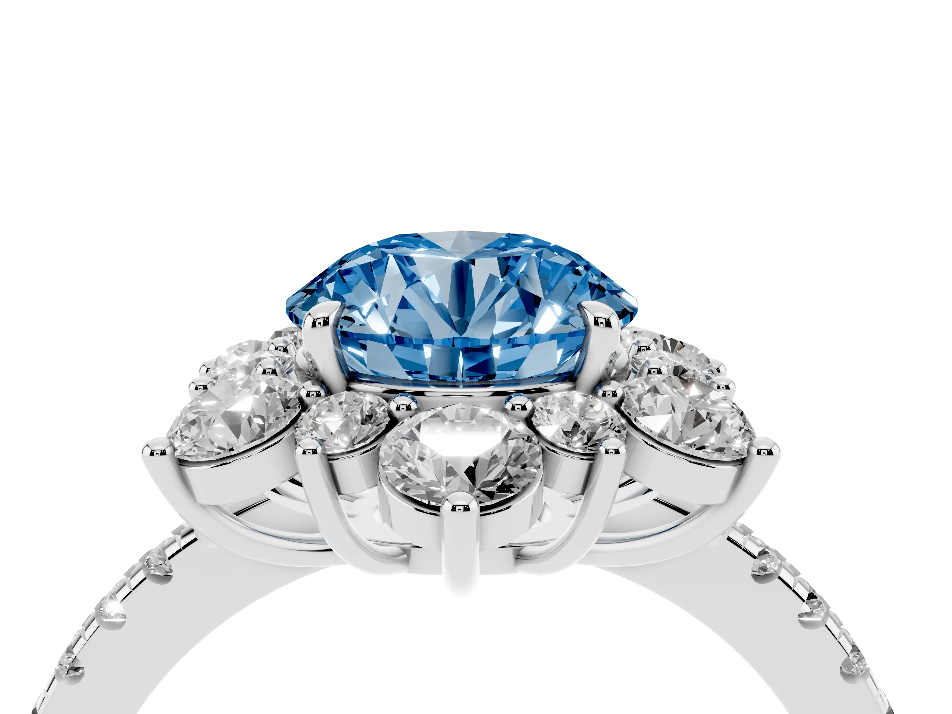 Fancy Blue Round Cut Diamond Floral Halo Ring Set in White gold with Round Pavé Band and Prong Setting