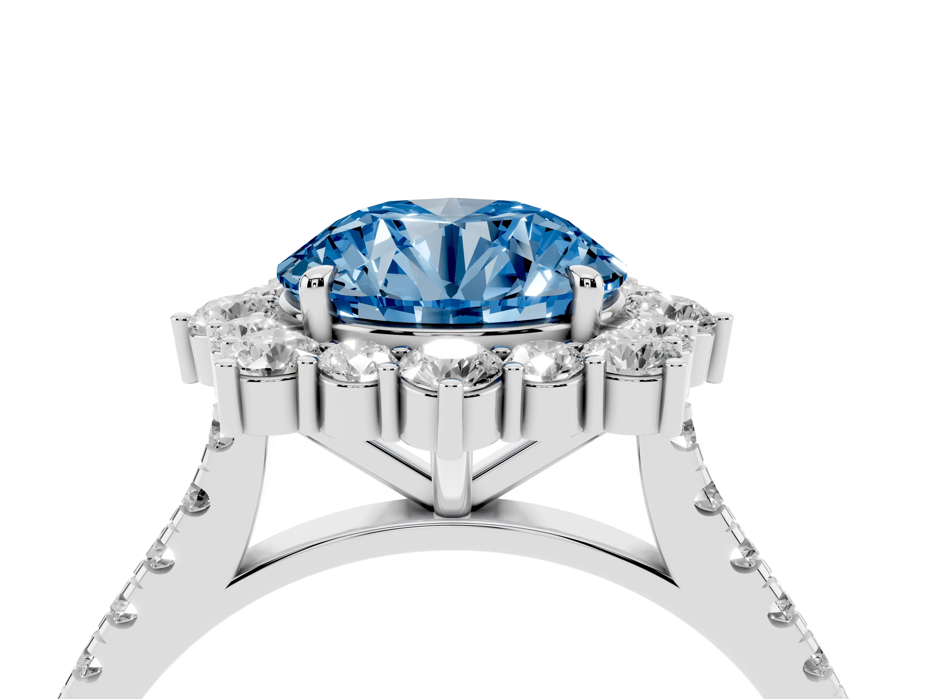 Fancy Blue Round Cut Diamond Halo Ring Set in Silver with Pavé Band and Prong Setting
