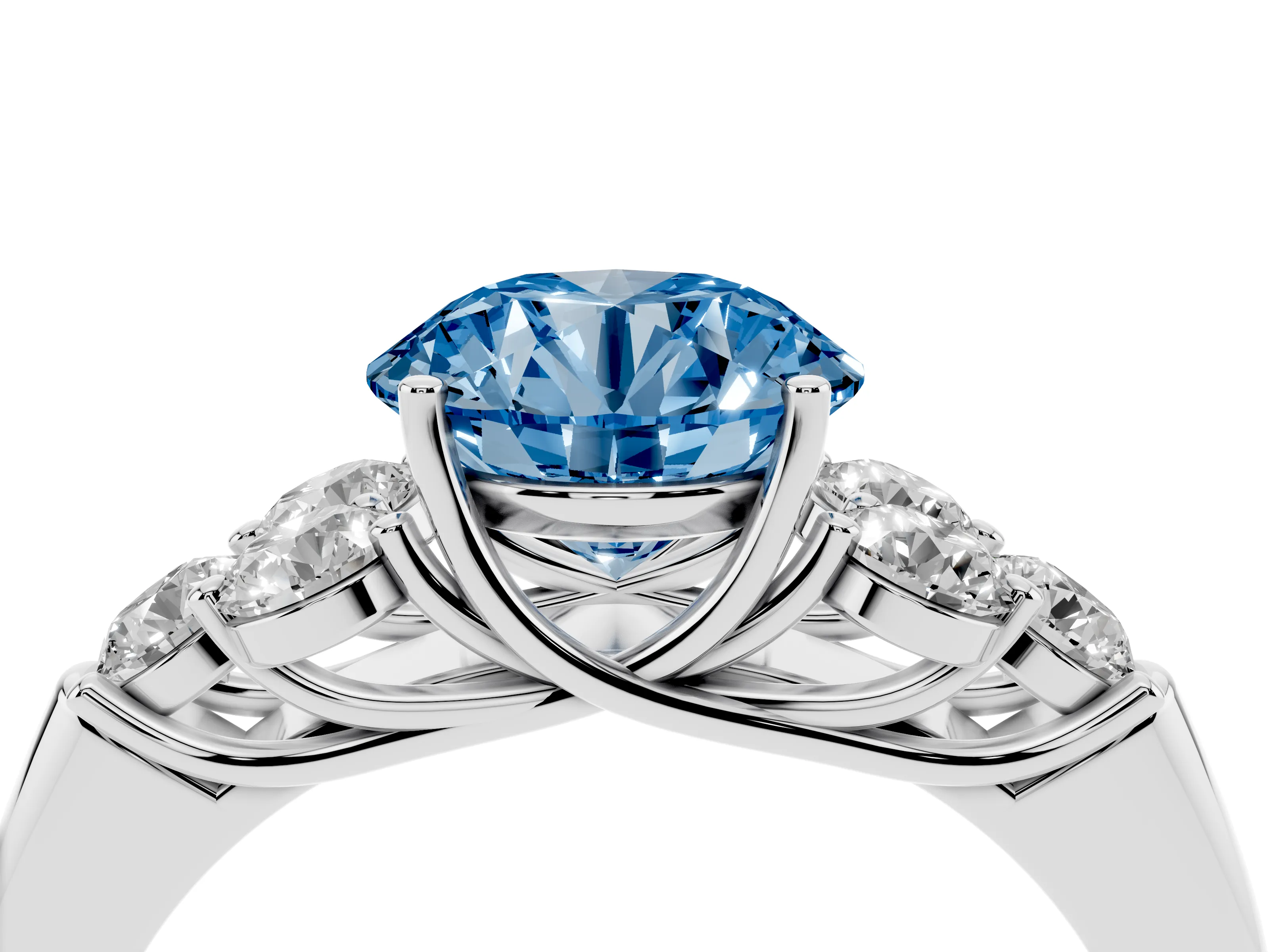 Fancy Blue Round Cut Diamond Cluster Ring Set in Platinum with Round Accent Stones and Prong Setting on a Plain Band