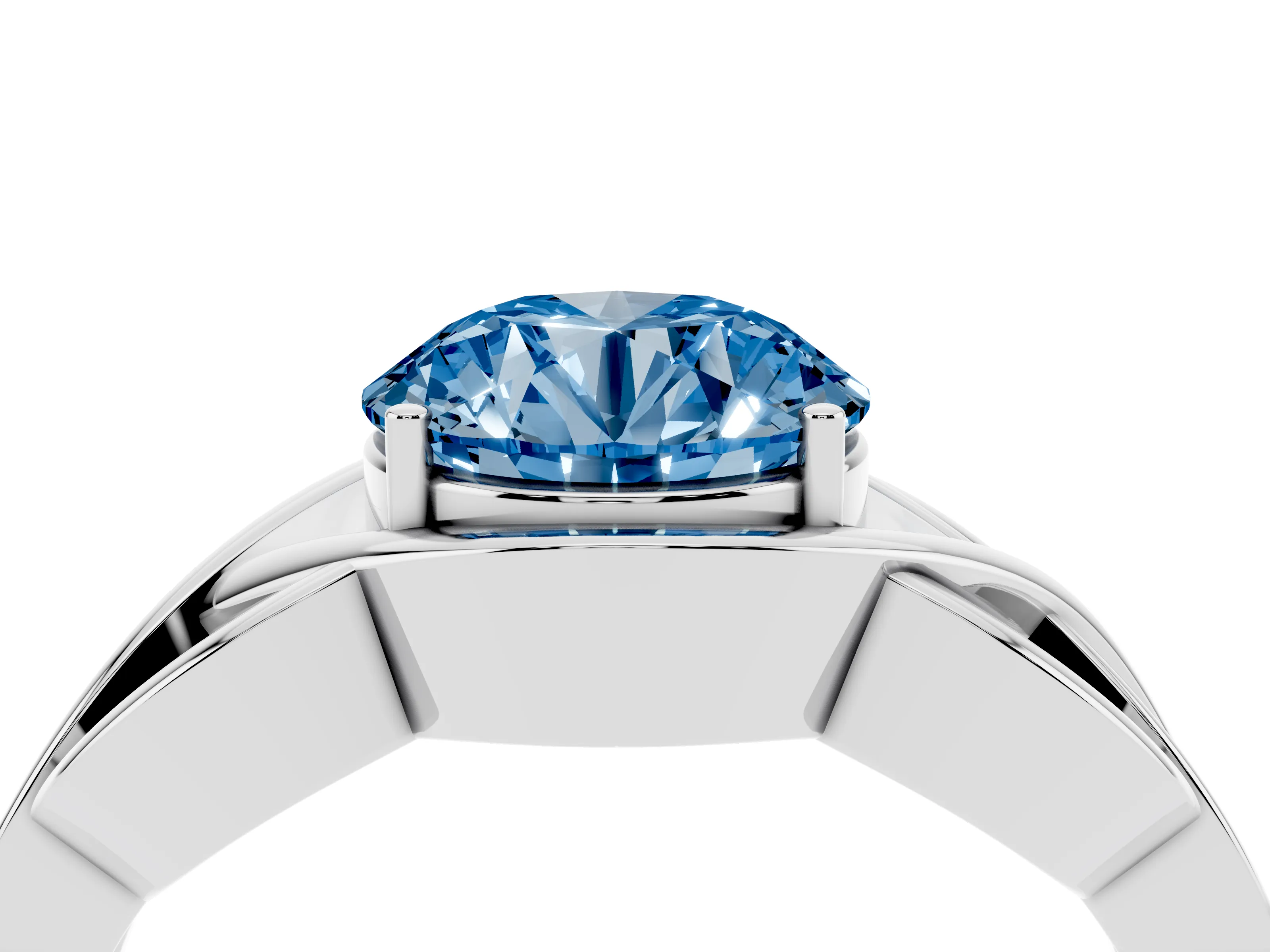 Fancy Blue Round Cut Diamond Solitaire Ring Set in Silver with Intertwined Band