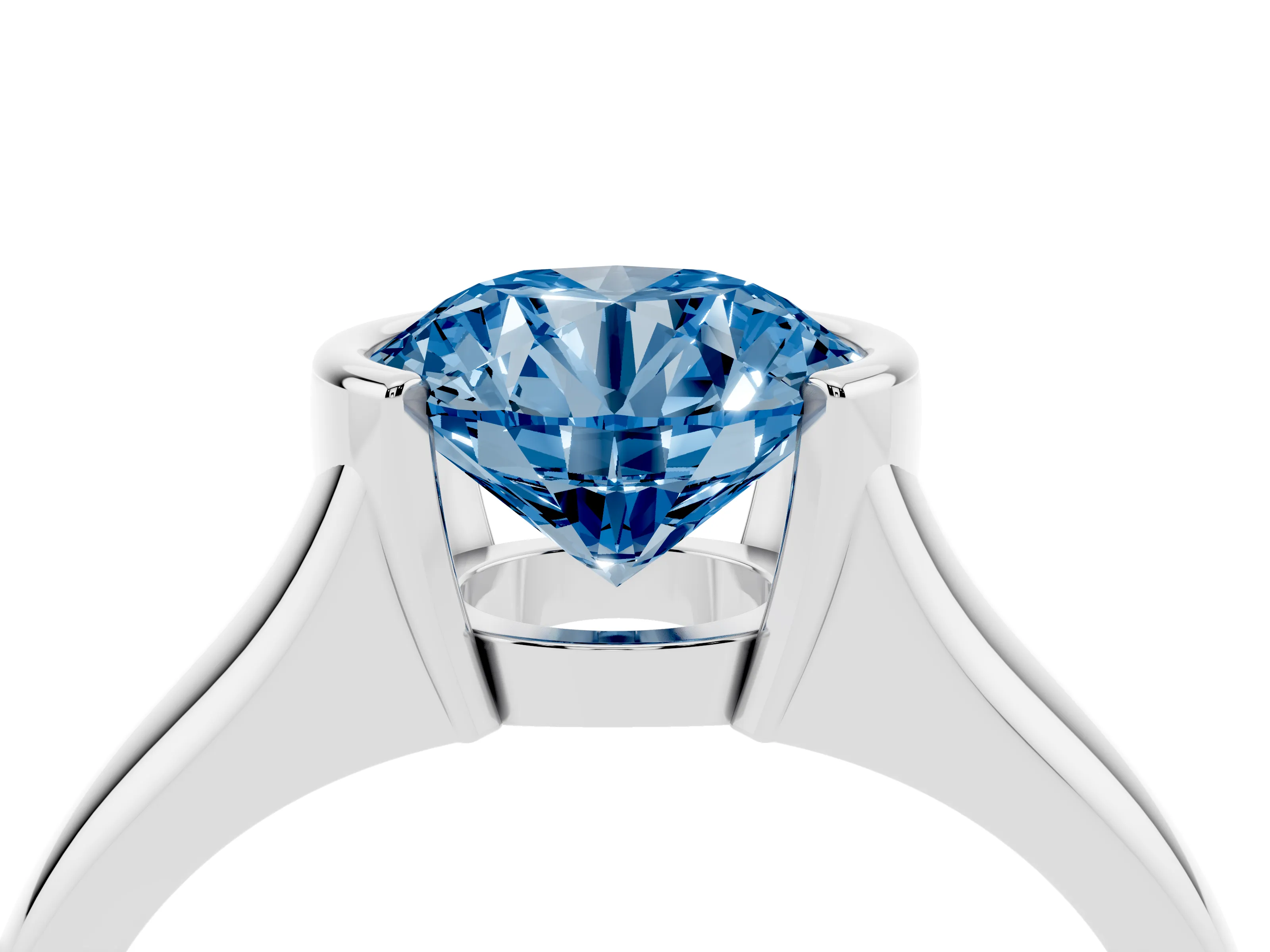 Fancy Blue Round Cut Diamond Solitaire Tension Set Ring Set in Platinum with Split Shank Band