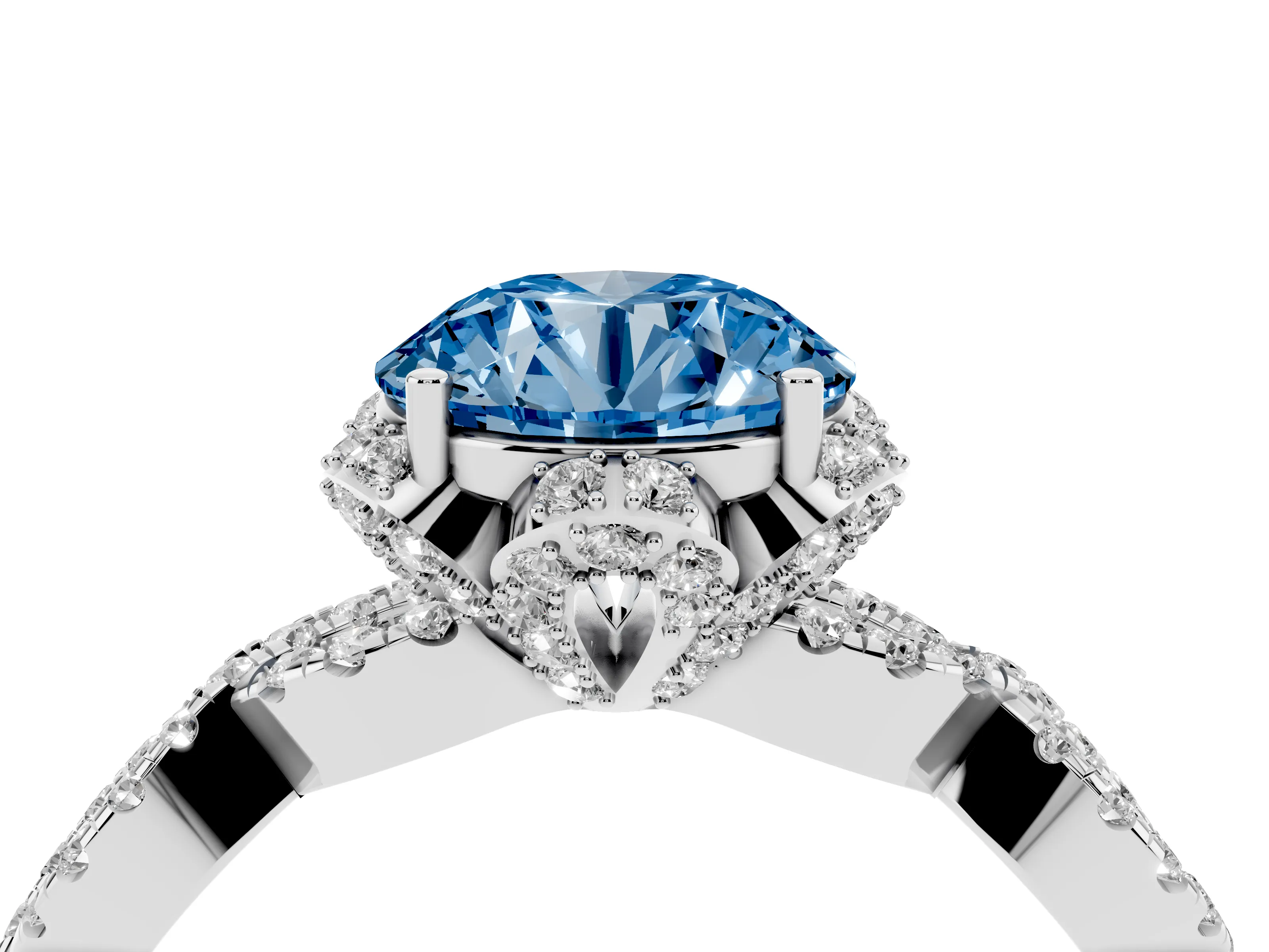 Fancy Blue Round Cut Diamond Halo Twist Band Solitaire Ring Set in Silver with Prong-Set Center Stone
